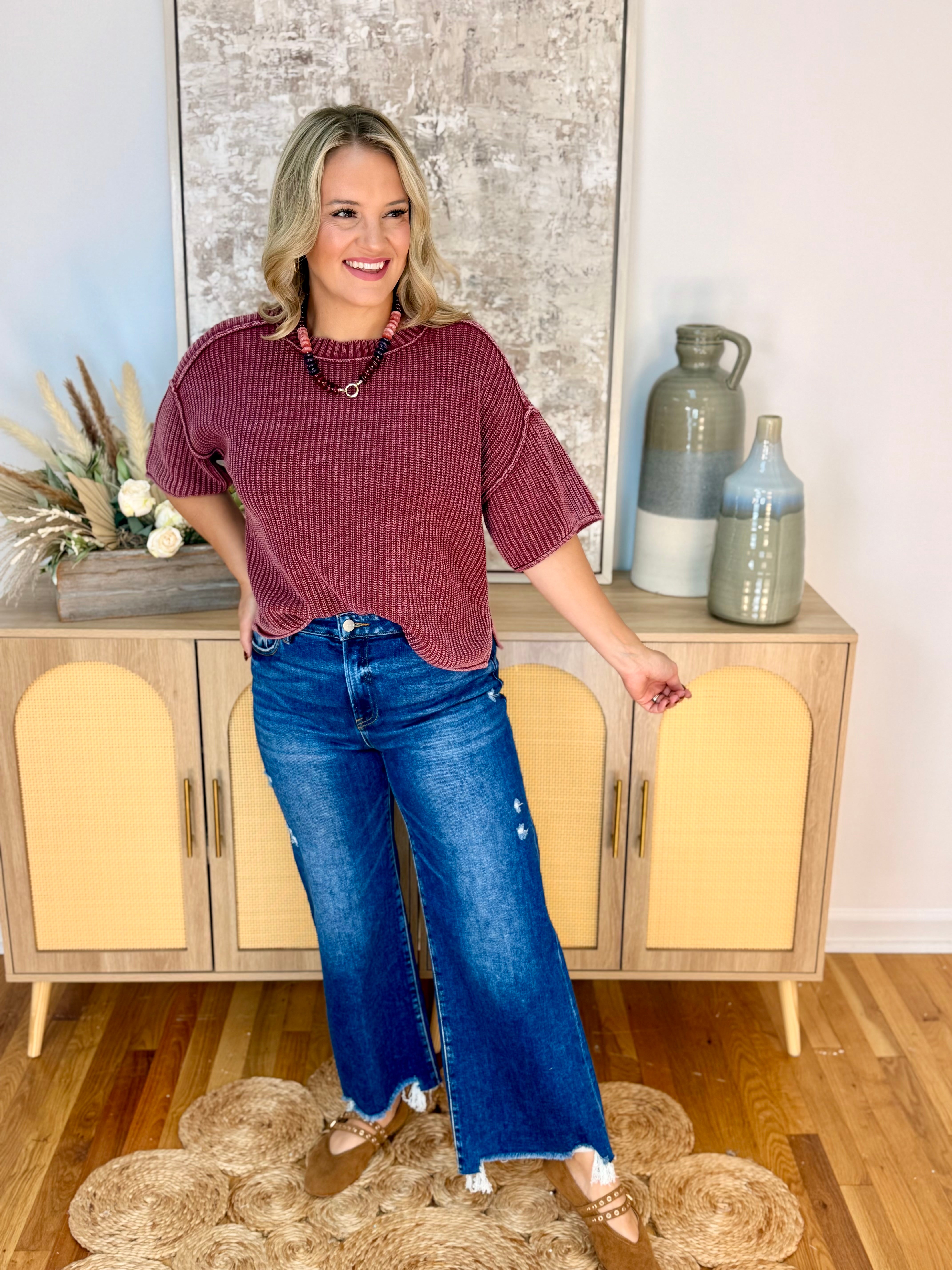 Let's Getaway Short Sleeve Sweater - Burgundy-140 Sweaters-Blu Pepper-The Lovely Closet, Women's Fashion Boutique in Alexandria, KY