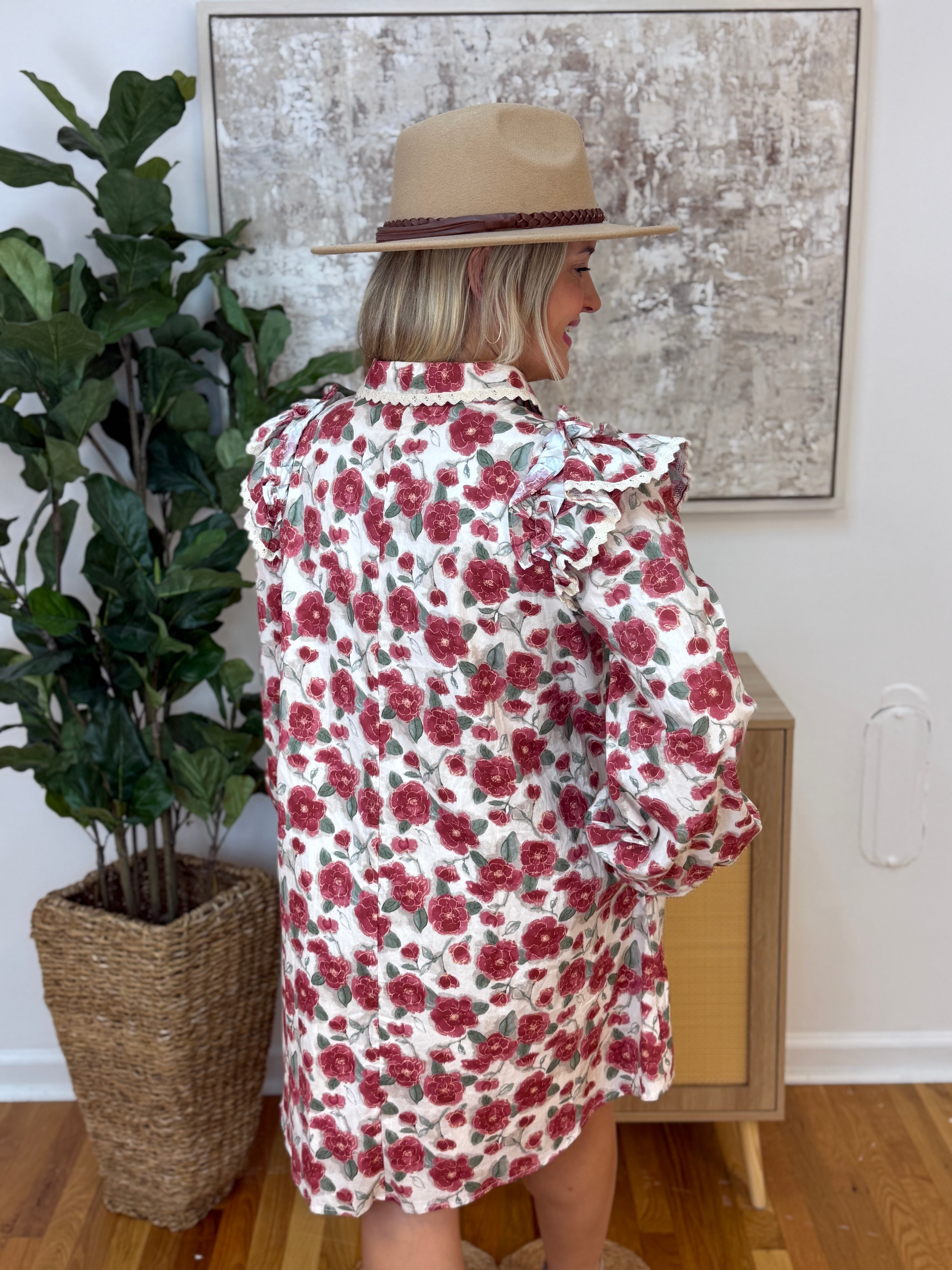 FINAL SALE - Rose Print Button Down Dress-180 Dresses-Anniewear-The Lovely Closet, Women's Fashion Boutique in Alexandria, KY