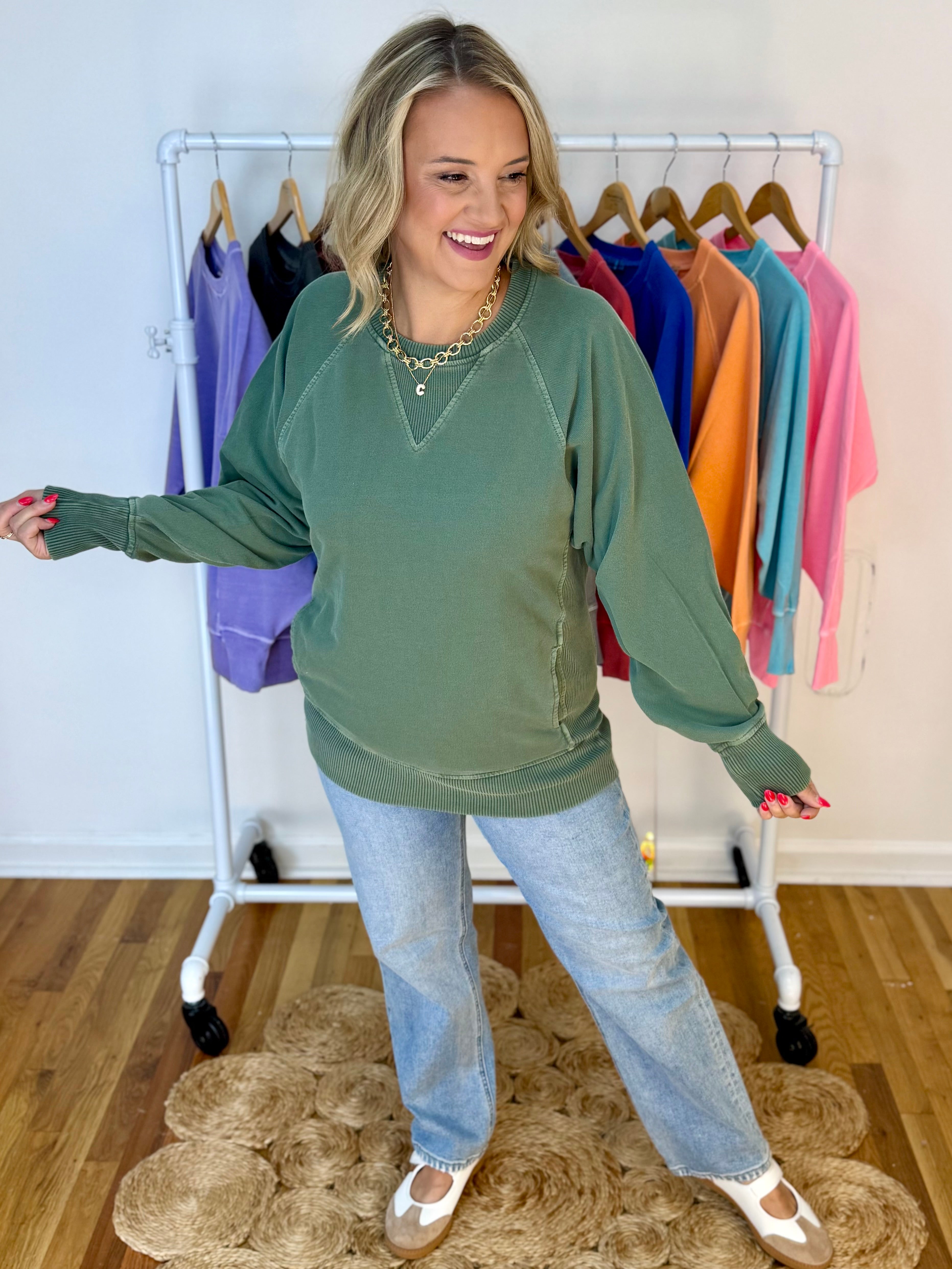 Keeping it Casual Pullover 2026 - Army Green-150 Sweatshirts-zenana-The Lovely Closet, Women's Fashion Boutique in Alexandria, KY