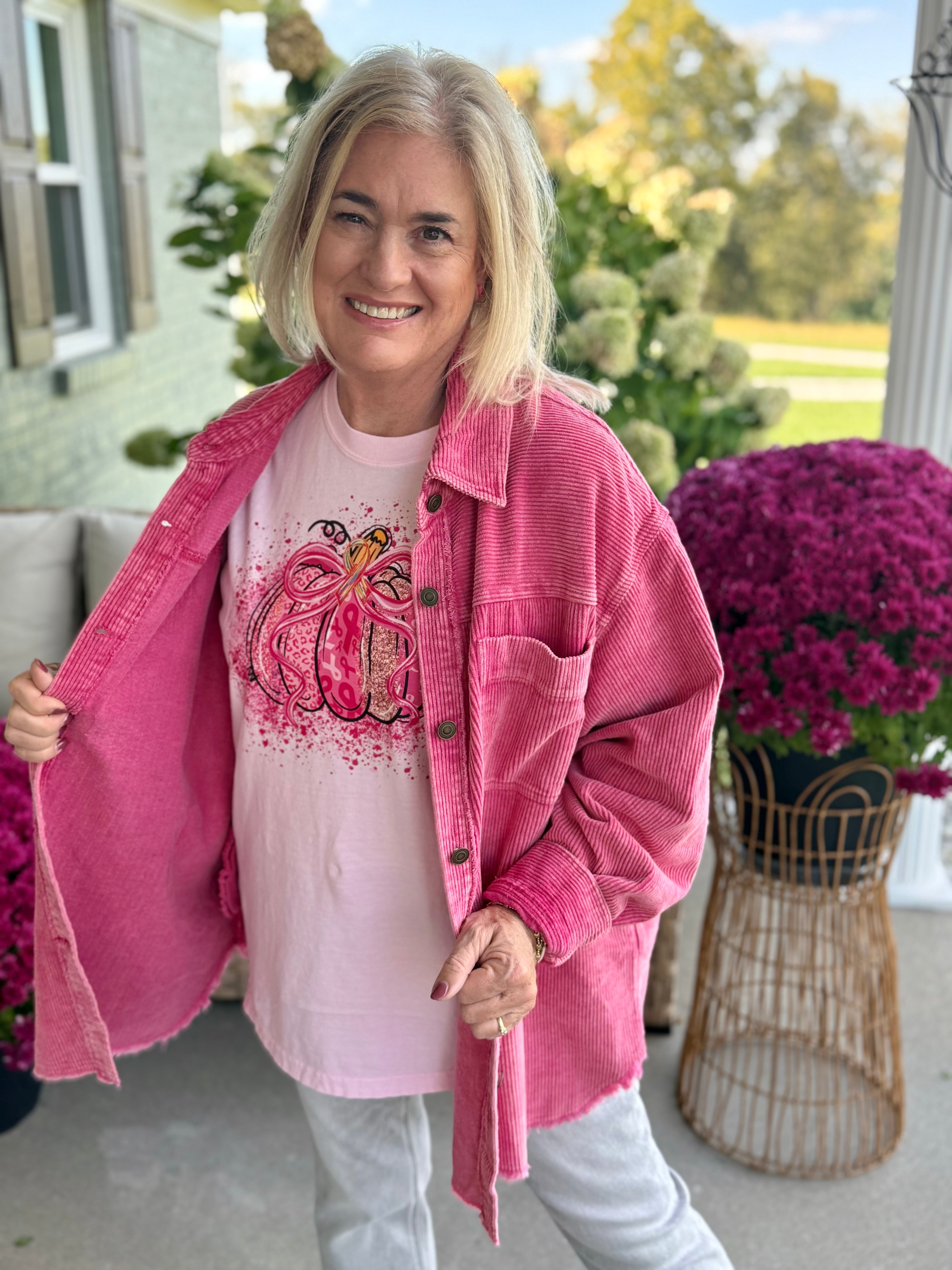 FINAL SALE - Courage in Corduroy Pink Shacket-170 Jackets/Outerwear-Donation Pink-The Lovely Closet, Women's Fashion Boutique in Alexandria, KY