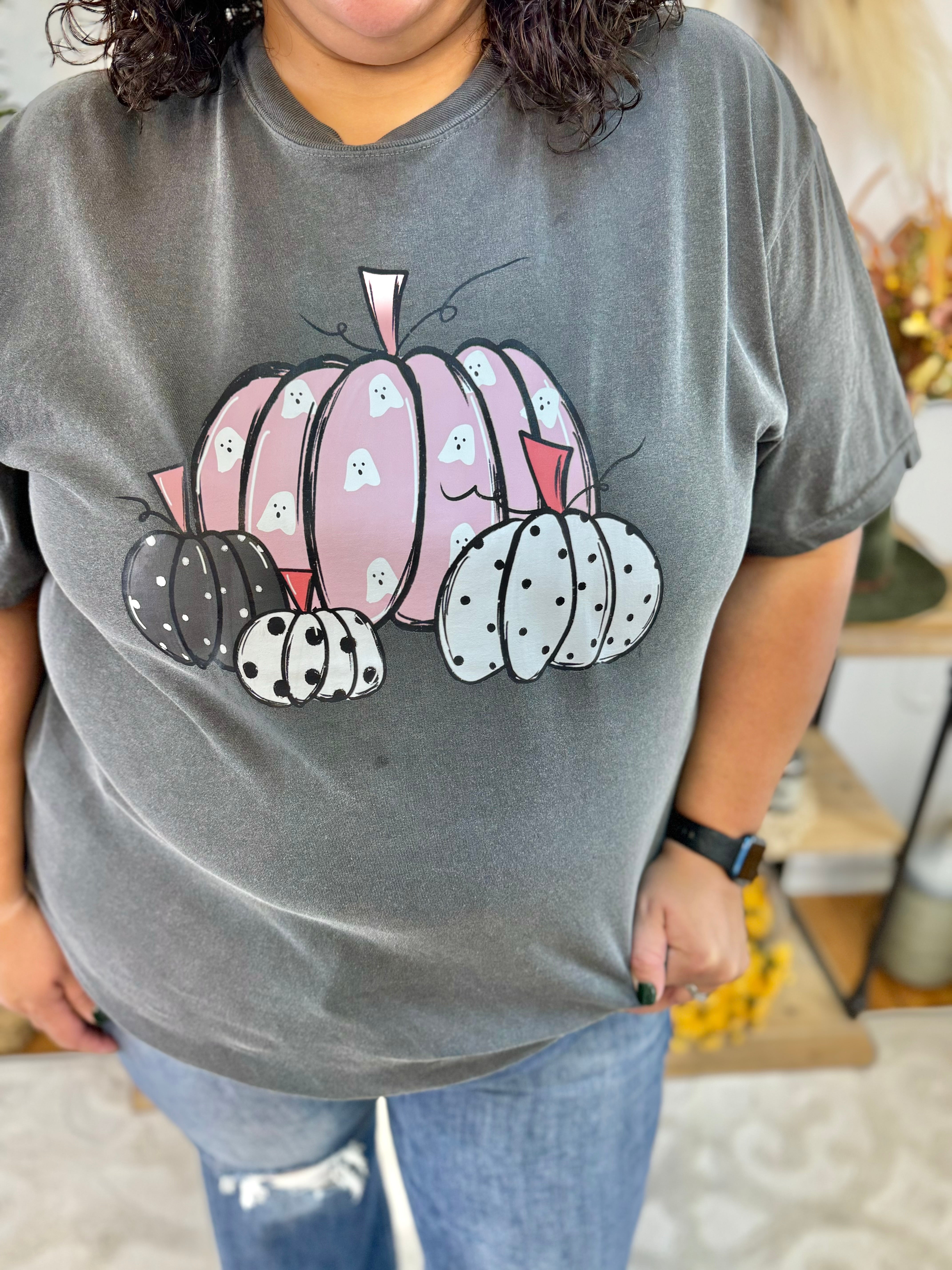 Polka Dot Pumpkins & Ghosts Graphic T-Shirt-130 Graphics-The Lovely Closet-The Lovely Closet, Women's Fashion Boutique in Alexandria, KY