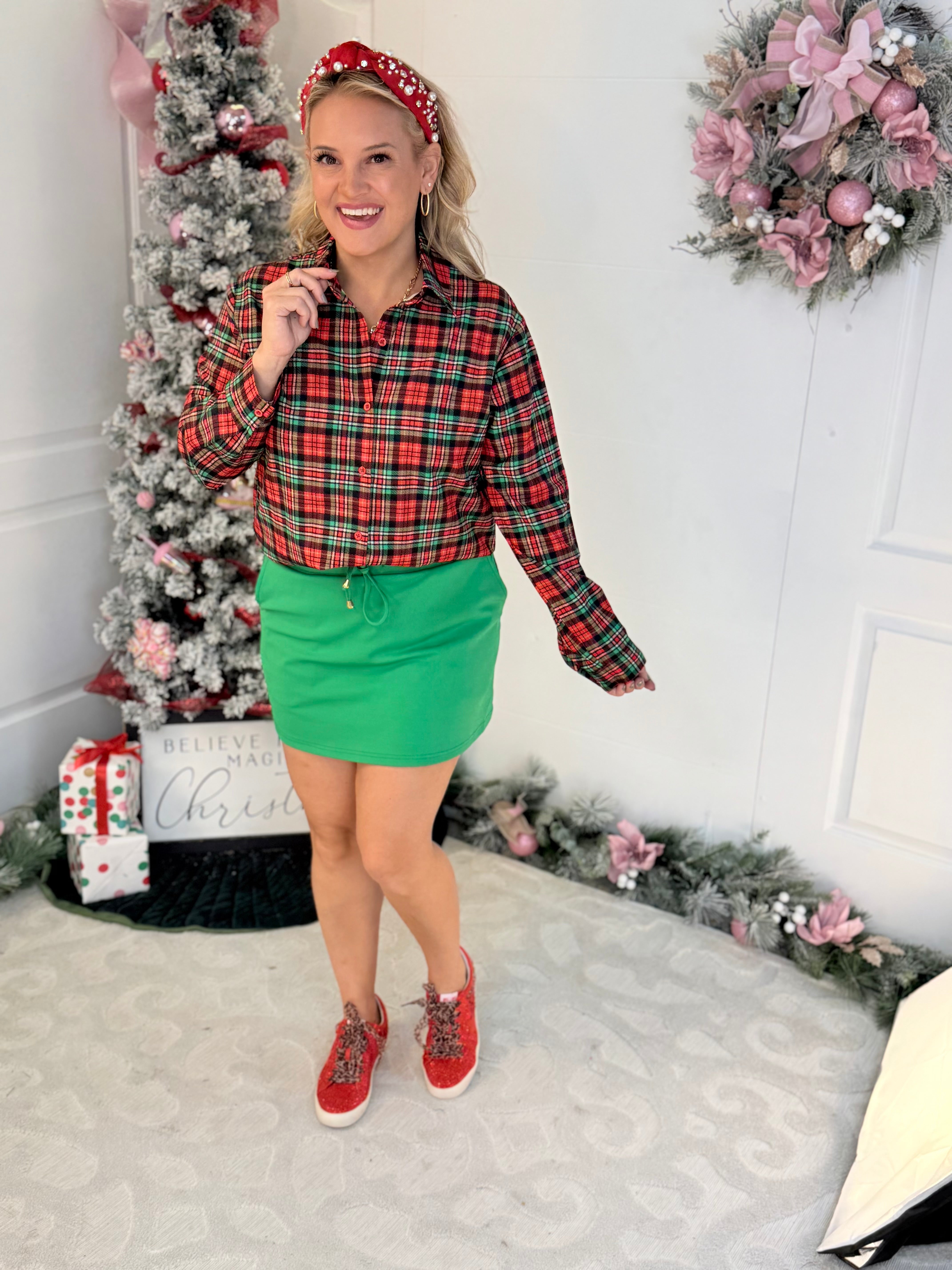 Jess Lea - Nina Button Up Tunic - Christmas Plaid-110 Long Sleeve Top-Jess Lea-The Lovely Closet, Women's Fashion Boutique in Alexandria, KY