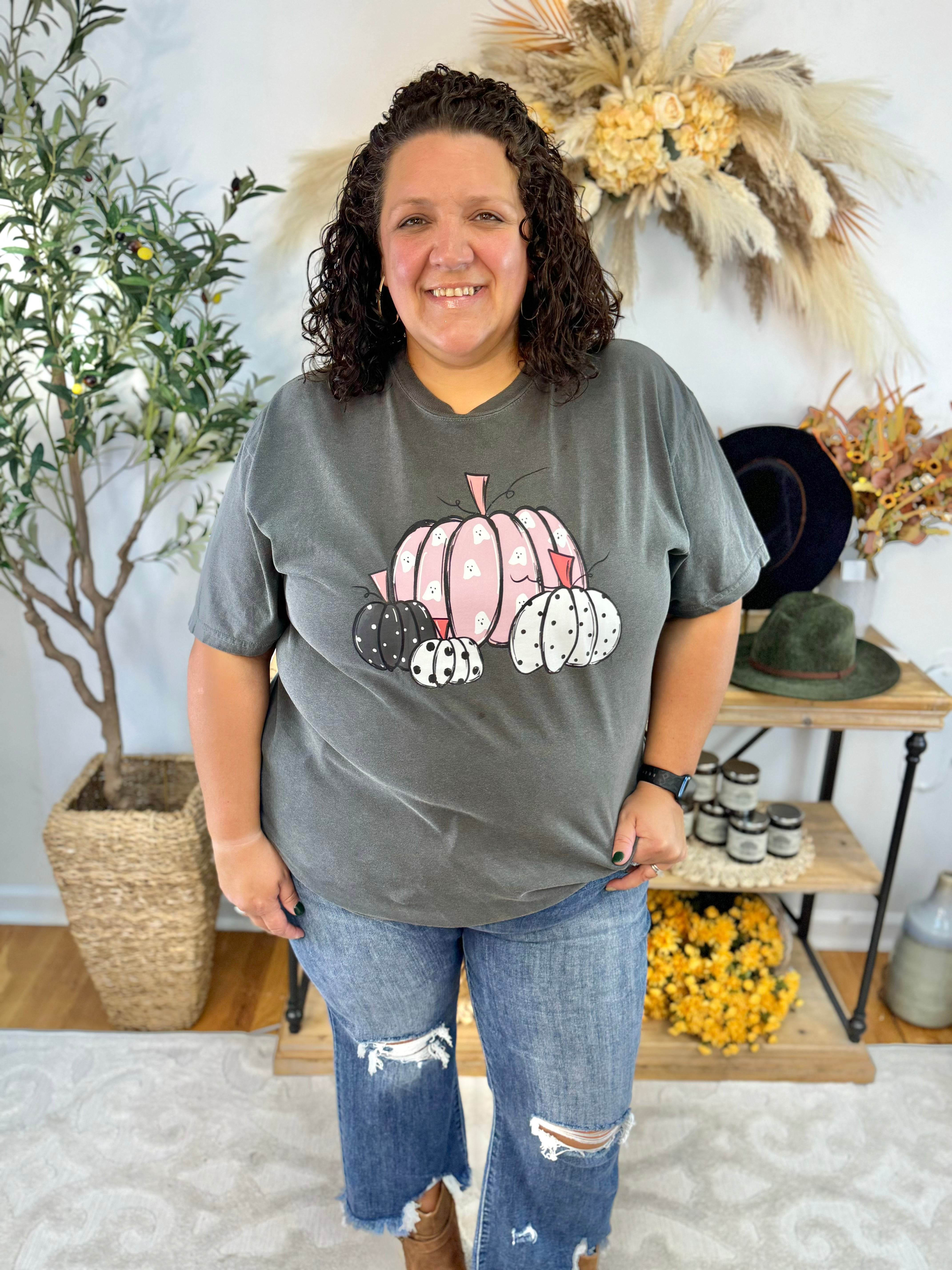 Polka Dot Pumpkins & Ghosts Graphic T-Shirt-130 Graphics-The Lovely Closet-The Lovely Closet, Women's Fashion Boutique in Alexandria, KY