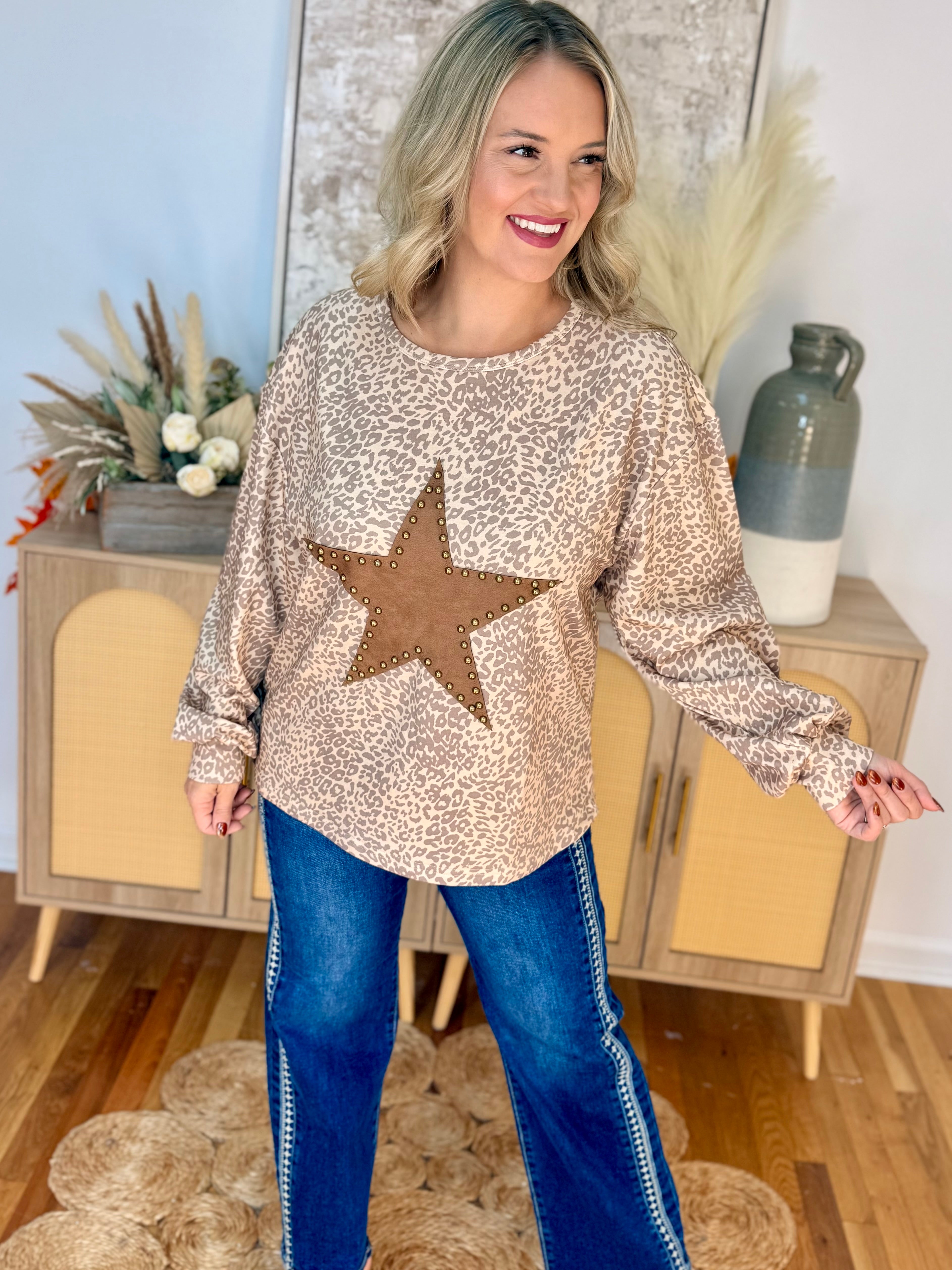 Leopard Print Studded Star Patch Top-110 Long Sleeve Top-Kori America-The Lovely Closet, Women's Fashion Boutique in Alexandria, KY