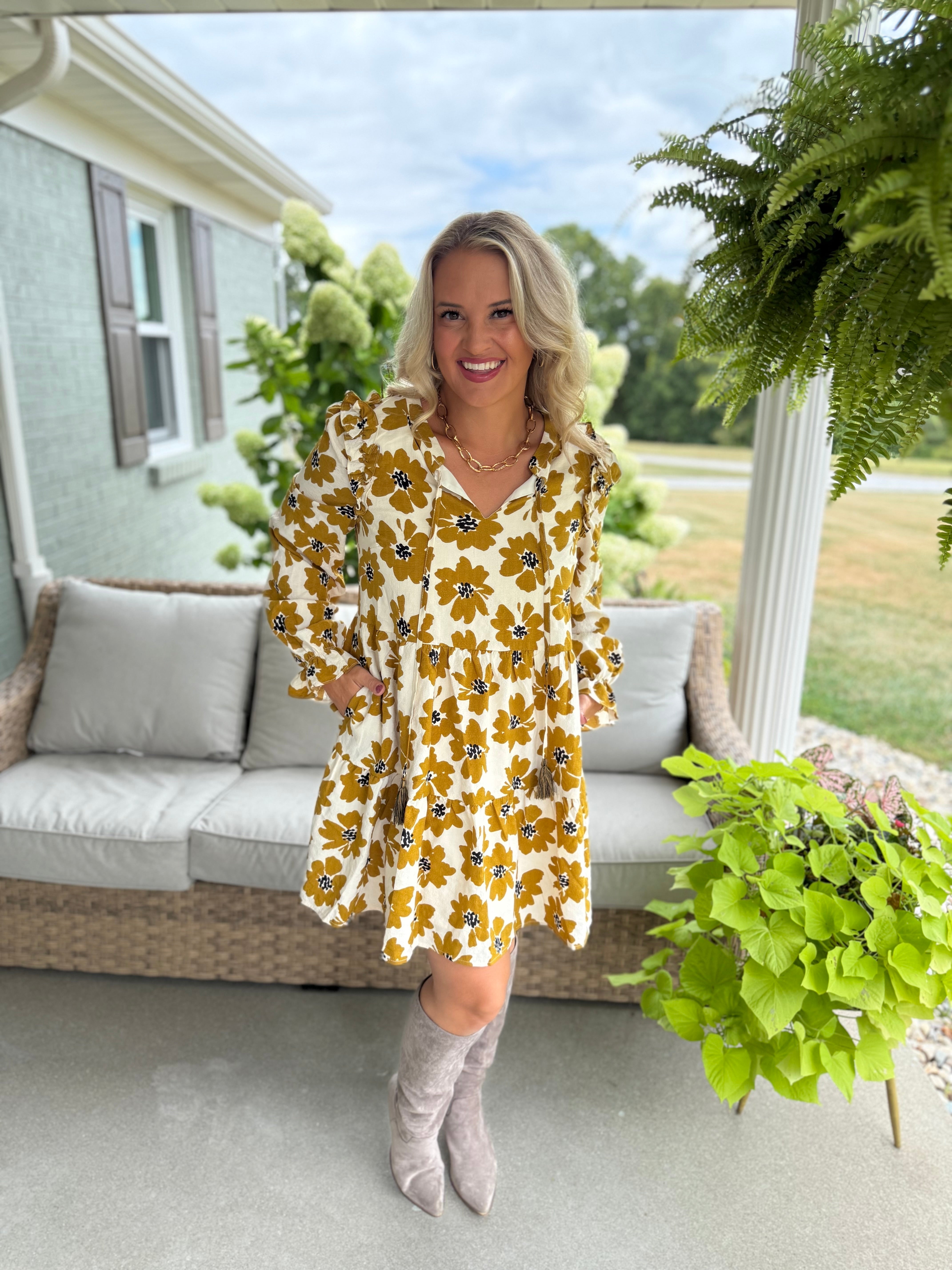 MUSTARD FLORAL FALL DRESS-180 Dresses-Doe and Rae-The Lovely Closet, Women's Fashion Boutique in Alexandria, KY