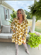 MUSTARD FLORAL FALL DRESS-180 Dresses-Doe and Rae-The Lovely Closet, Women's Fashion Boutique in Alexandria, KY