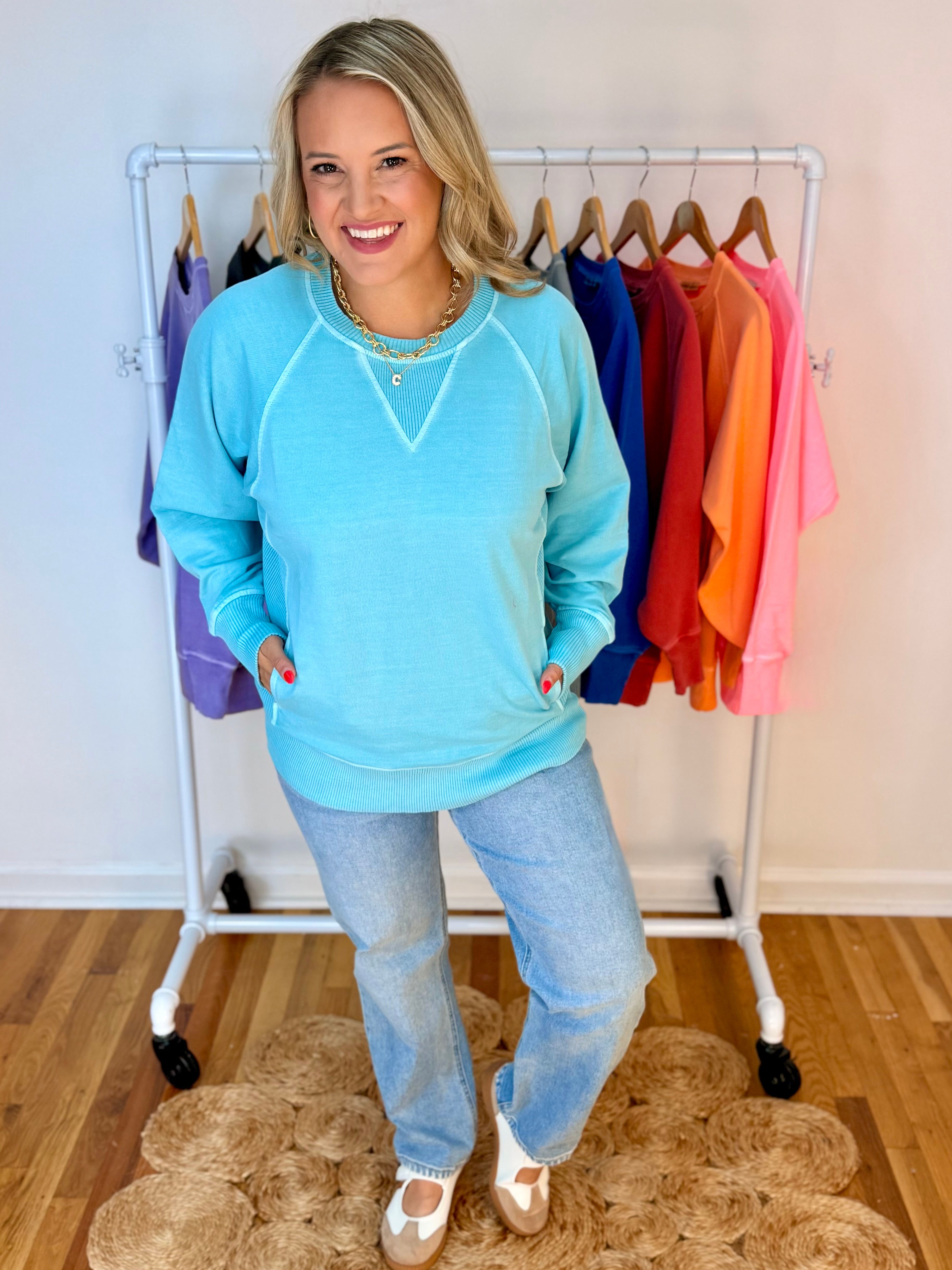 Keeping it Casual Pullover 2026 - Mint Sky-150 Sweatshirts-zenana-The Lovely Closet, Women's Fashion Boutique in Alexandria, KY