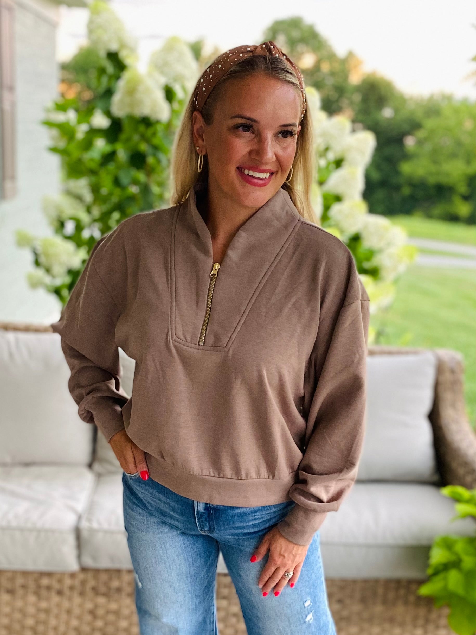 Lux 3/4 Front Zip Pullover - Taupe-110 Long Sleeve Top-zenana-The Lovely Closet, Women's Fashion Boutique in Alexandria, KY