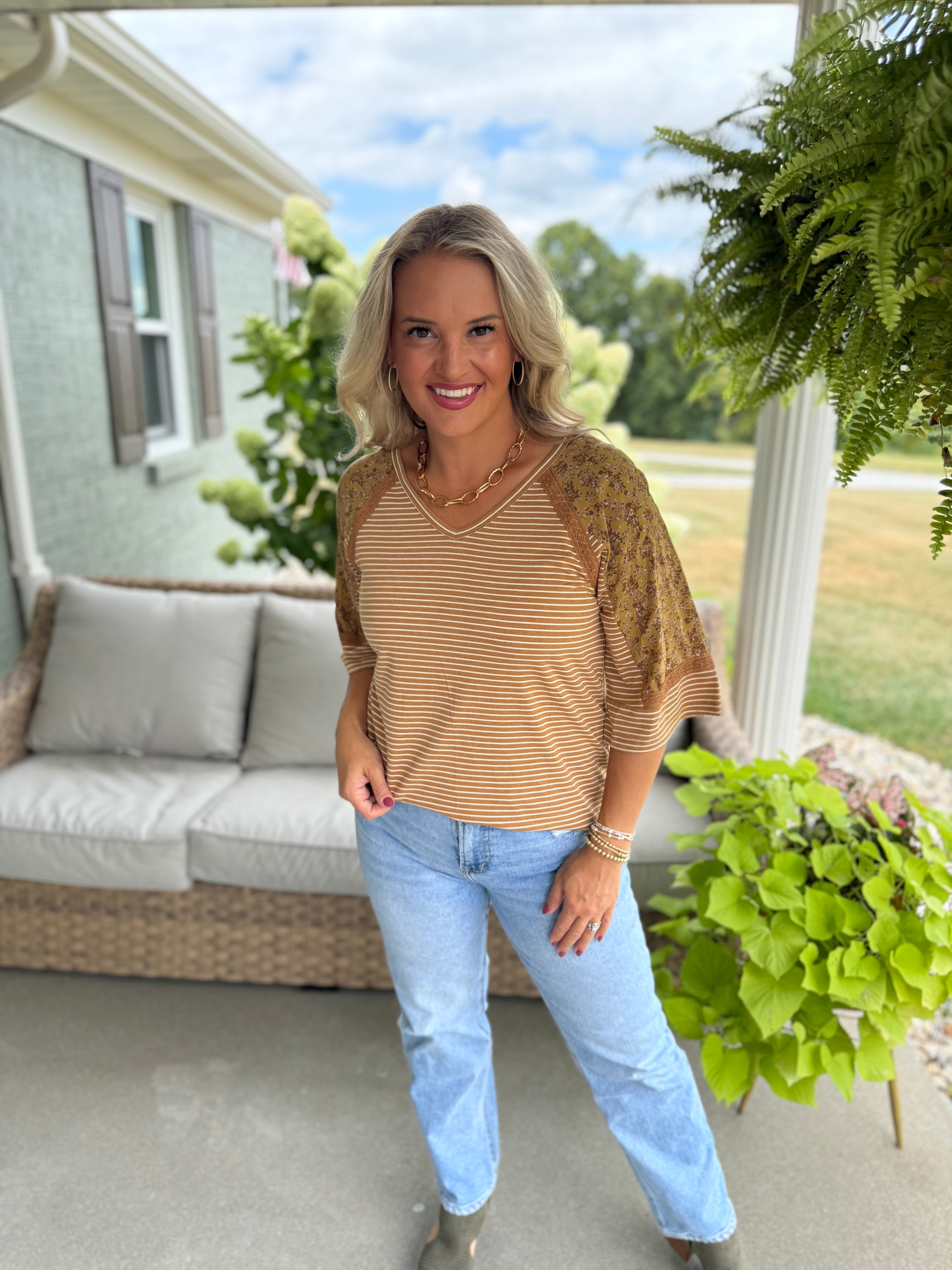 Floral Sleeve Stripe Top-100 Short Sleeve Tops-Doe and Rae-The Lovely Closet, Women's Fashion Boutique in Alexandria, KY