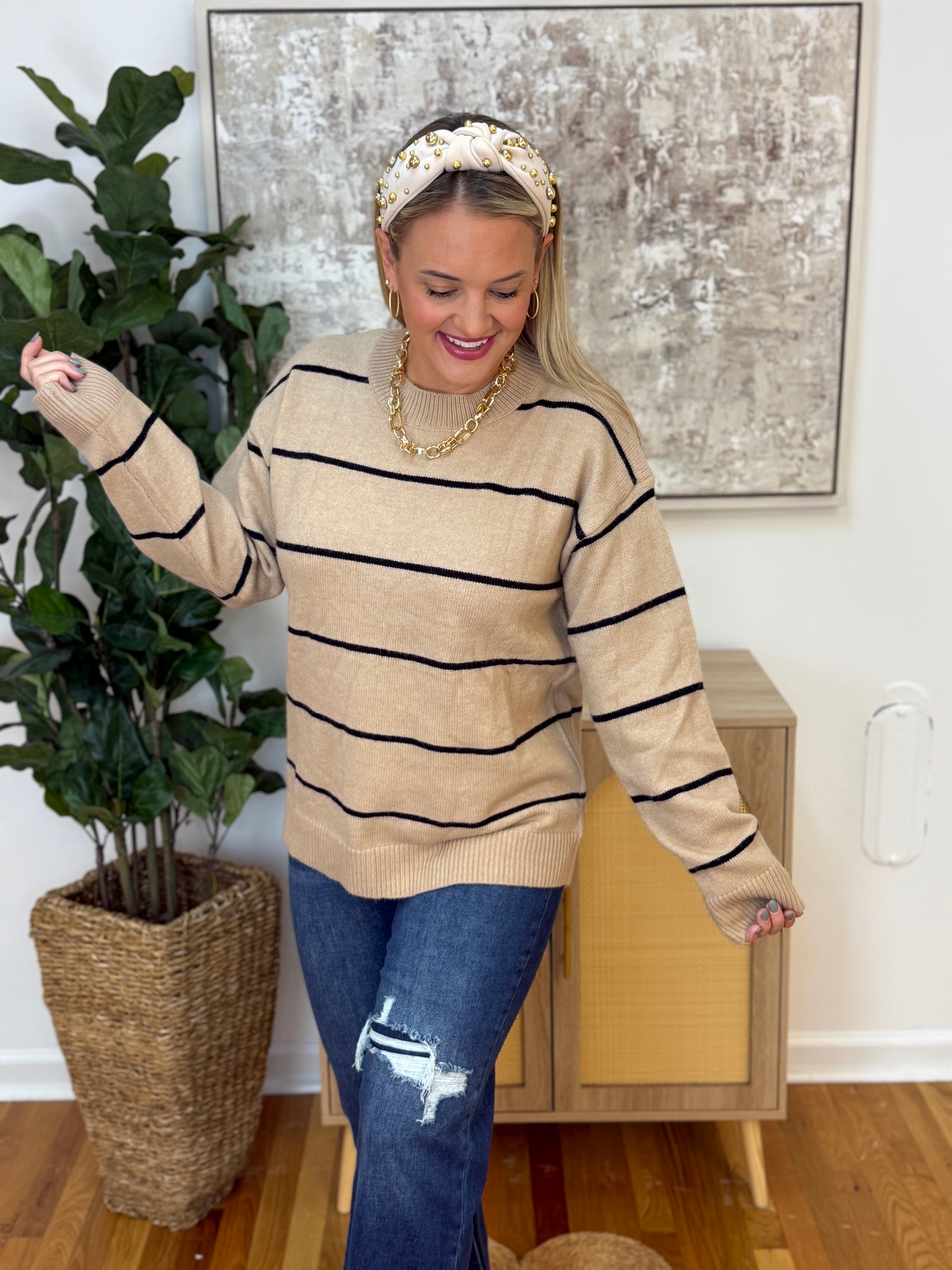 Loose Fit Stripe Crewneck Sweater-140 Sweaters-La Miel-The Lovely Closet, Women's Fashion Boutique in Alexandria, KY