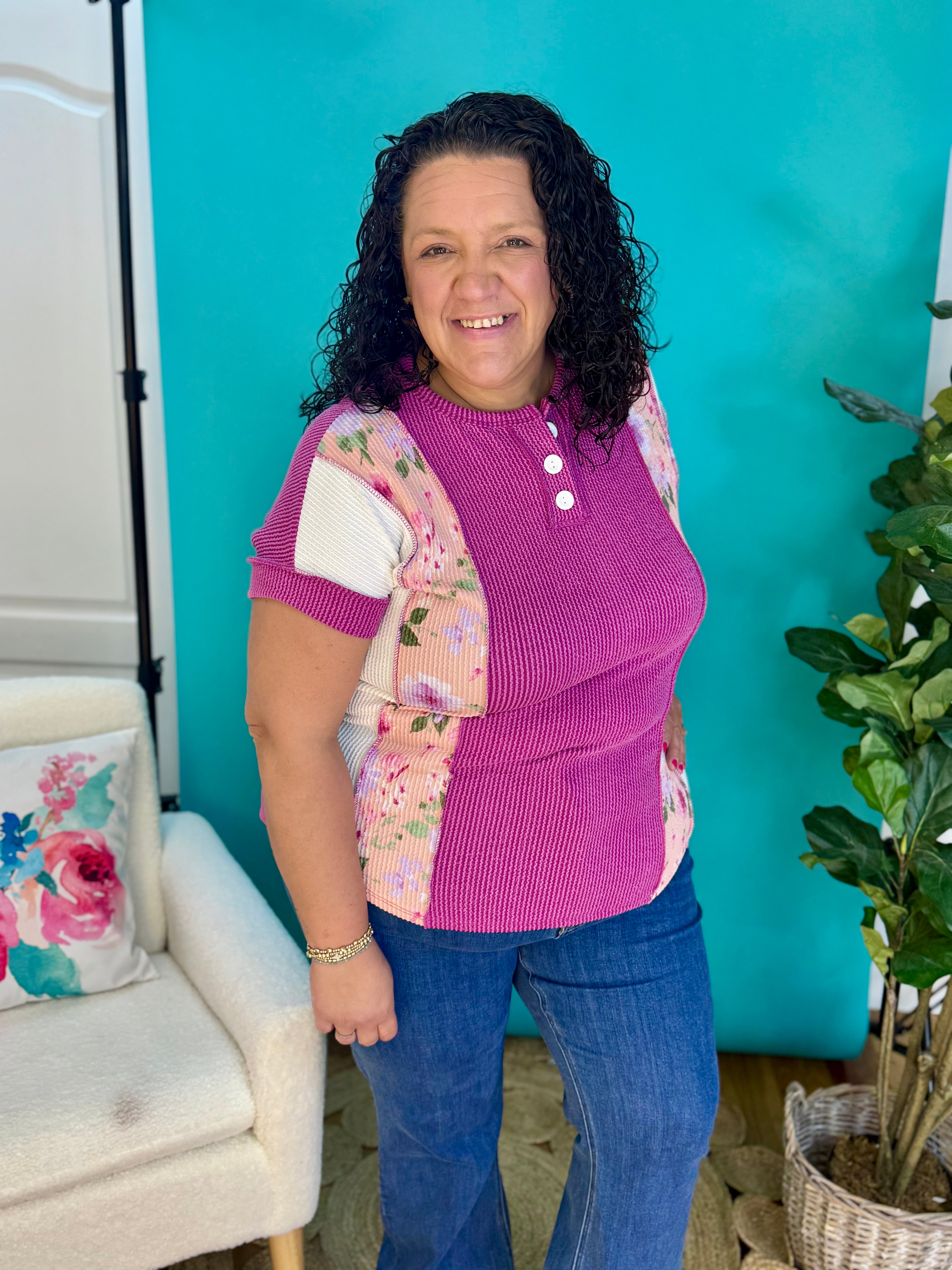 Floral Patchwork Urban Rib Henley Top-100 Short Sleeve Tops-7th Ray-The Lovely Closet, Women's Fashion Boutique in Alexandria, KY