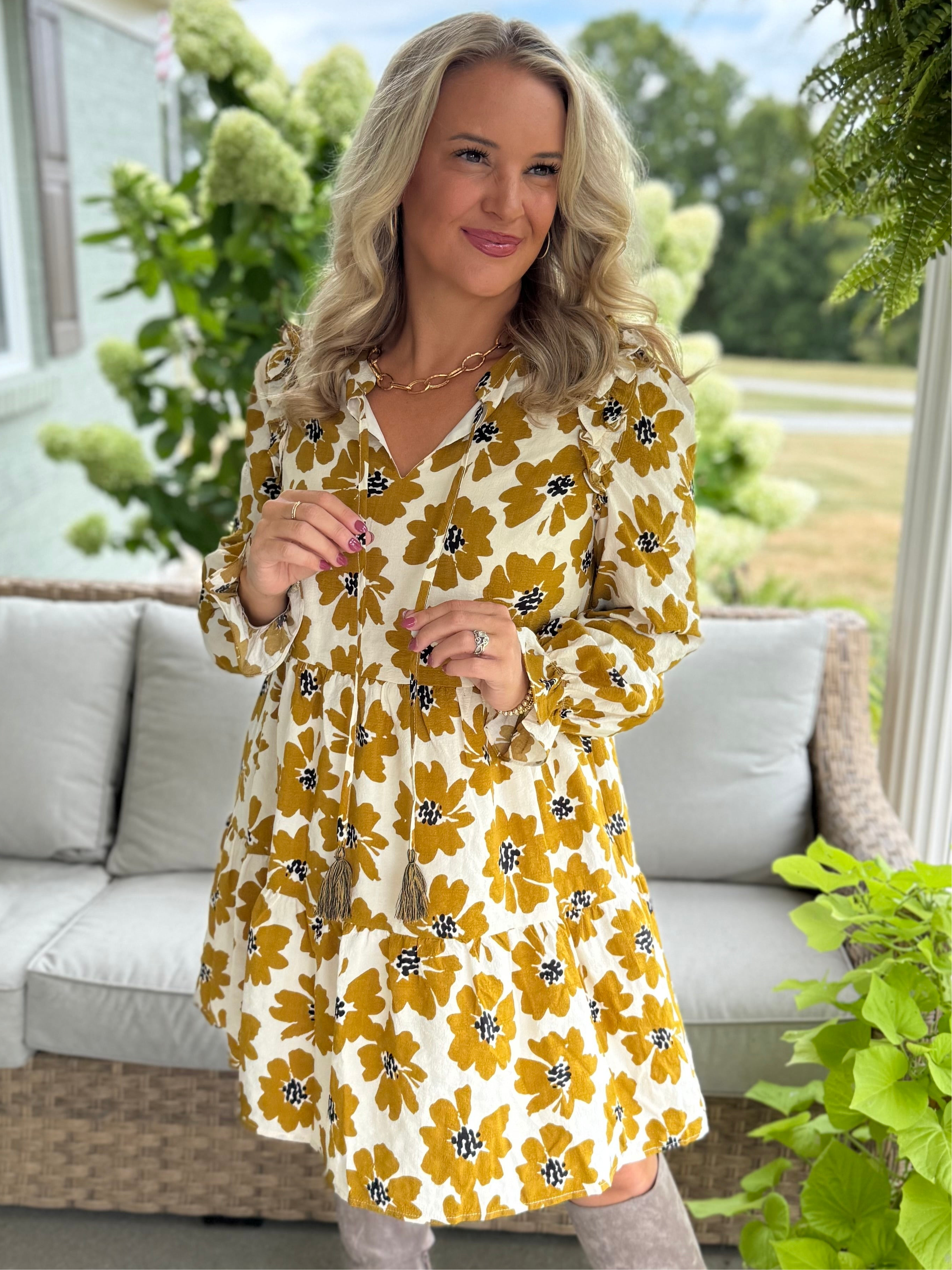 MUSTARD FLORAL FALL DRESS-180 Dresses-Doe and Rae-The Lovely Closet, Women's Fashion Boutique in Alexandria, KY