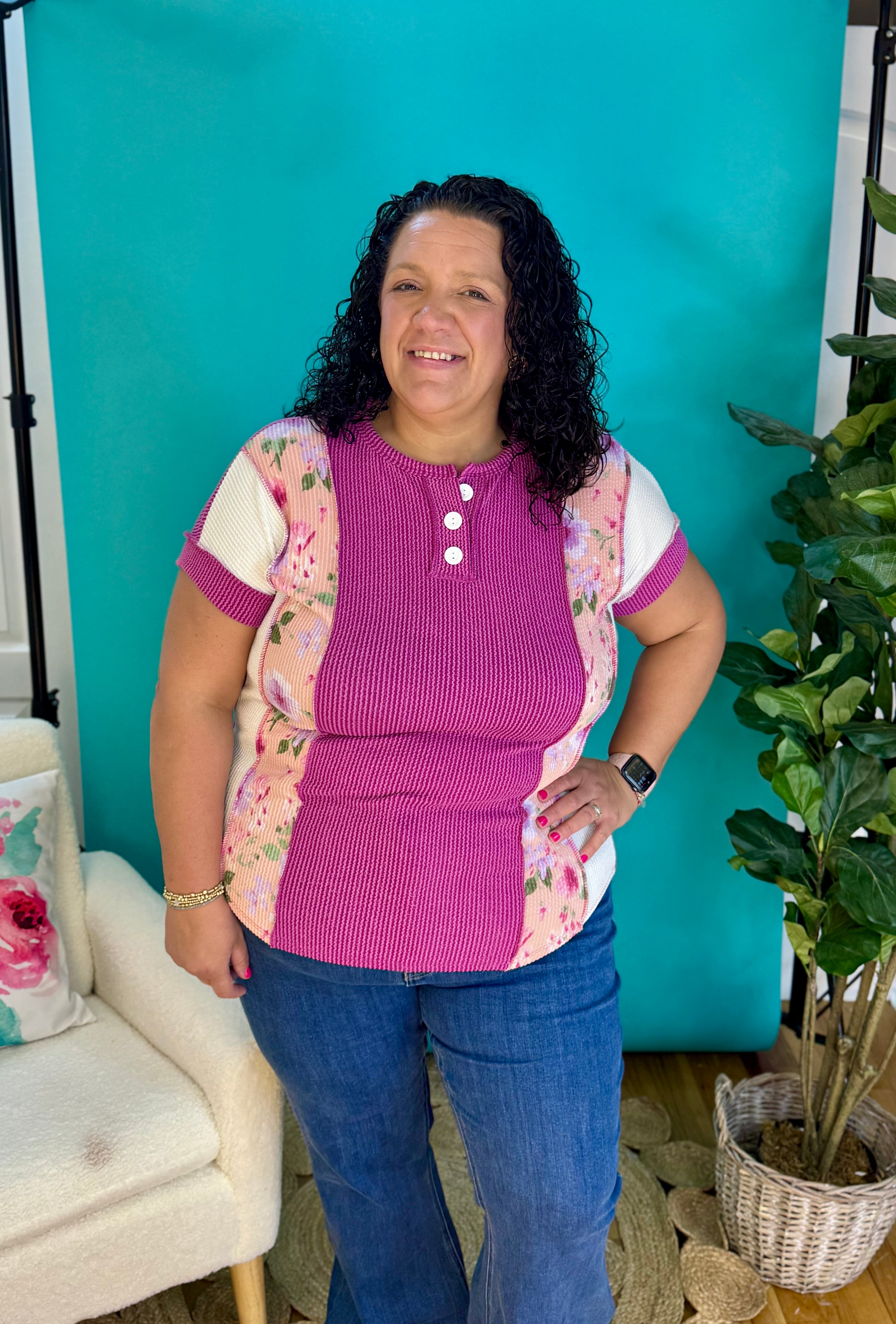 Floral Patchwork Urban Rib Henley Top-100 Short Sleeve Tops-7th Ray-The Lovely Closet, Women's Fashion Boutique in Alexandria, KY