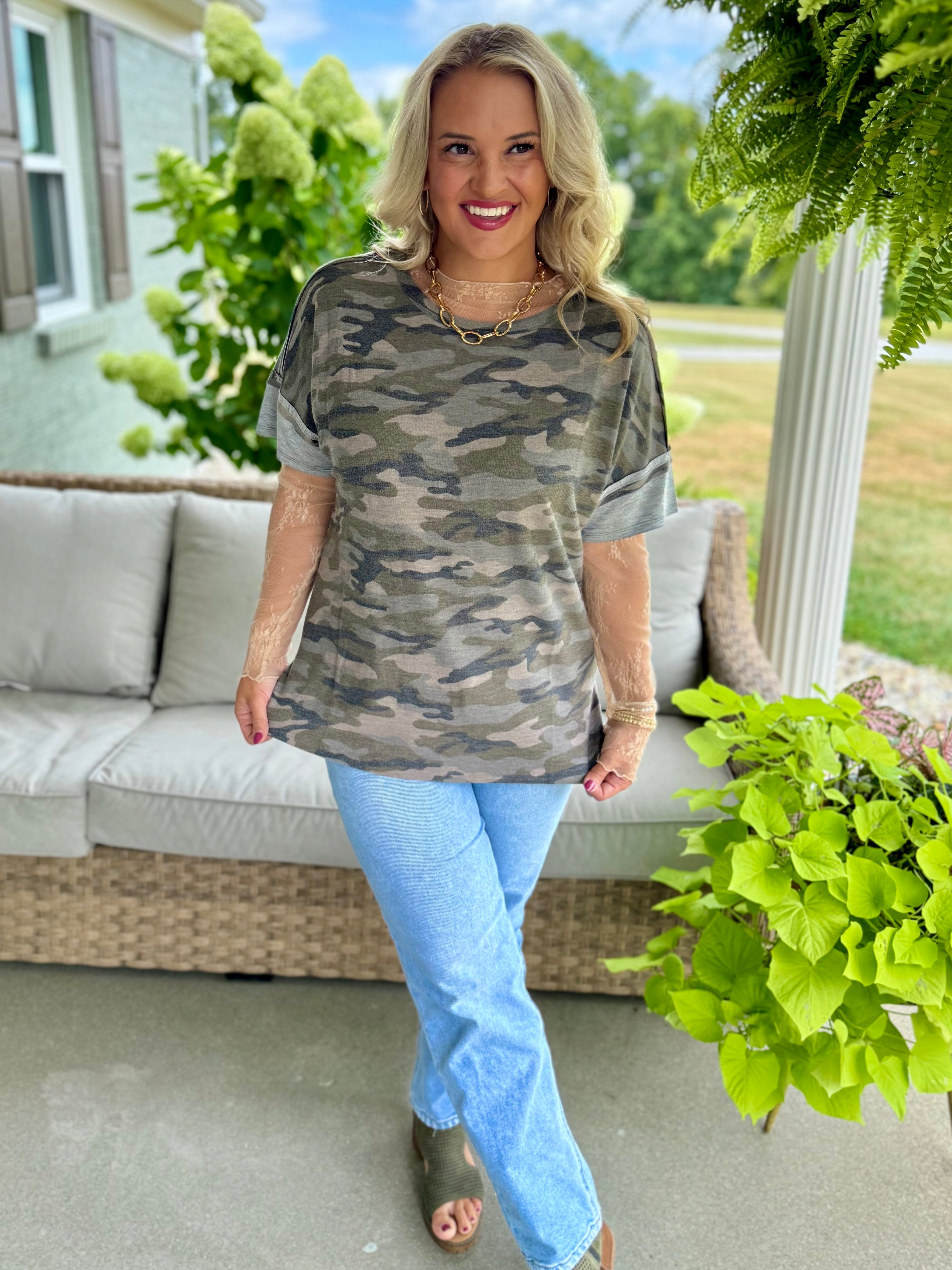 Drop Shoulder Camo Top-100 Short Sleeve Tops-Doe and Rae-The Lovely Closet, Women's Fashion Boutique in Alexandria, KY