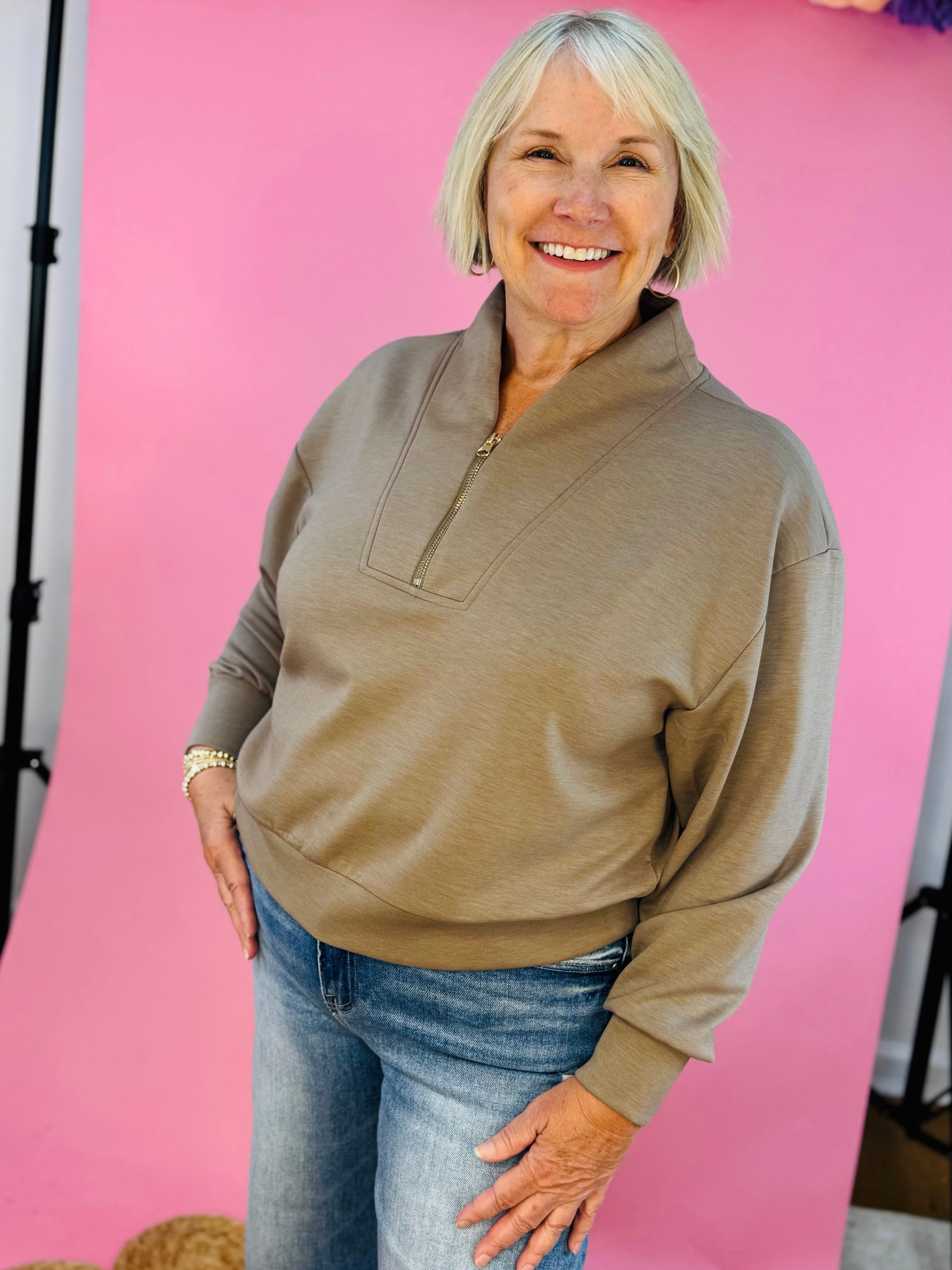 Lux 3/4 Front Zip Pullover - Taupe-110 Long Sleeve Top-zenana-The Lovely Closet, Women's Fashion Boutique in Alexandria, KY
