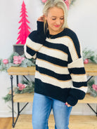 Striped With Velvet & Gold Yarn Sweater - Black-140 Sweaters-Vine & Love-The Lovely Closet, Women's Fashion Boutique in Alexandria, KY