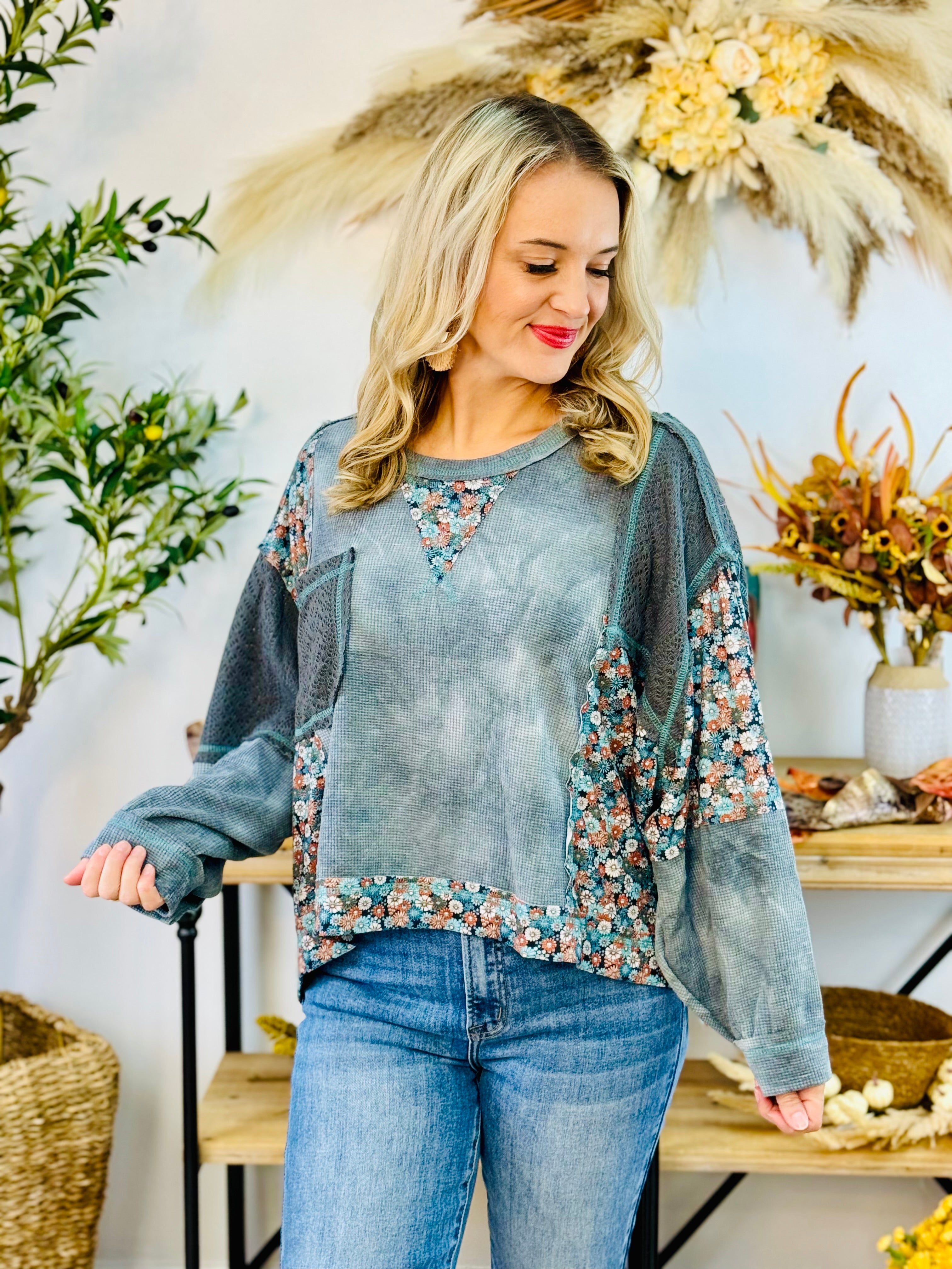 POL Oversized Floral Crochet Top-110 Long Sleeve Top-POL-The Lovely Closet, Women's Fashion Boutique in Alexandria, KY