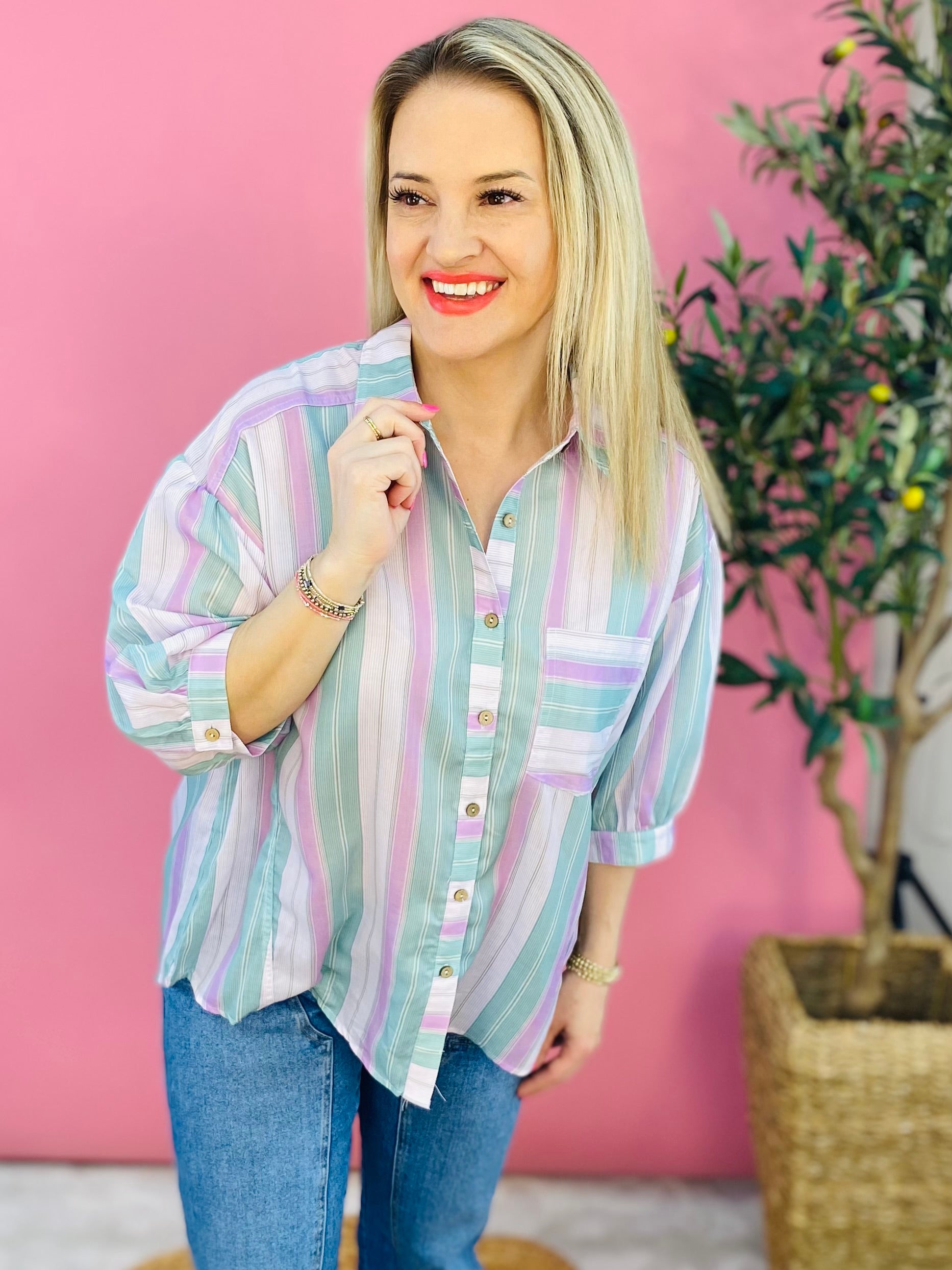 Pastel Pinstripes Button Down-100 Short Sleeve Tops-easel-The Lovely Closet, Women's Fashion Boutique in Alexandria, KY