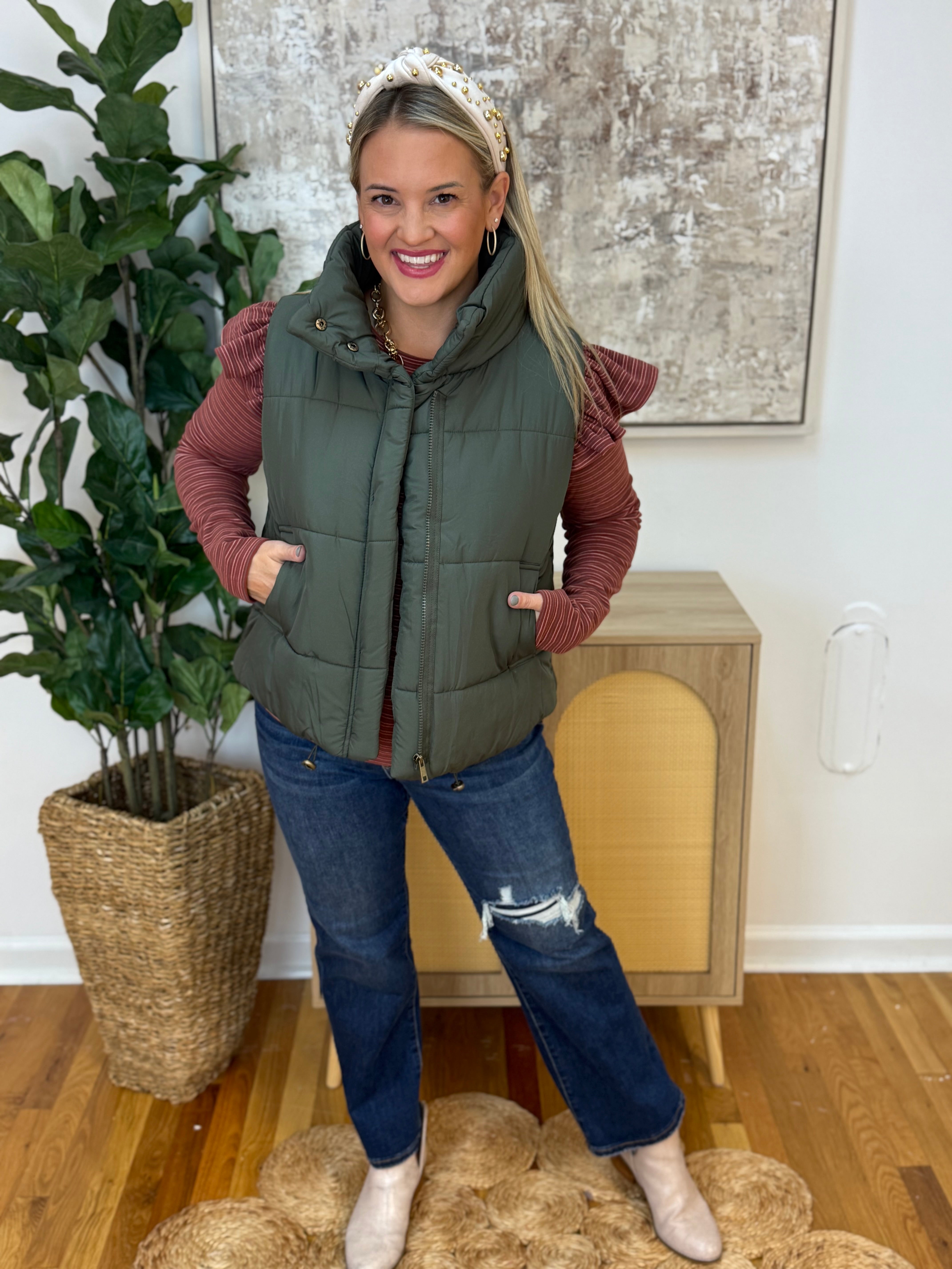 Weekend Puffer Vest - Olive-170 Jackets/Outerwear-zenana-The Lovely Closet, Women's Fashion Boutique in Alexandria, KY