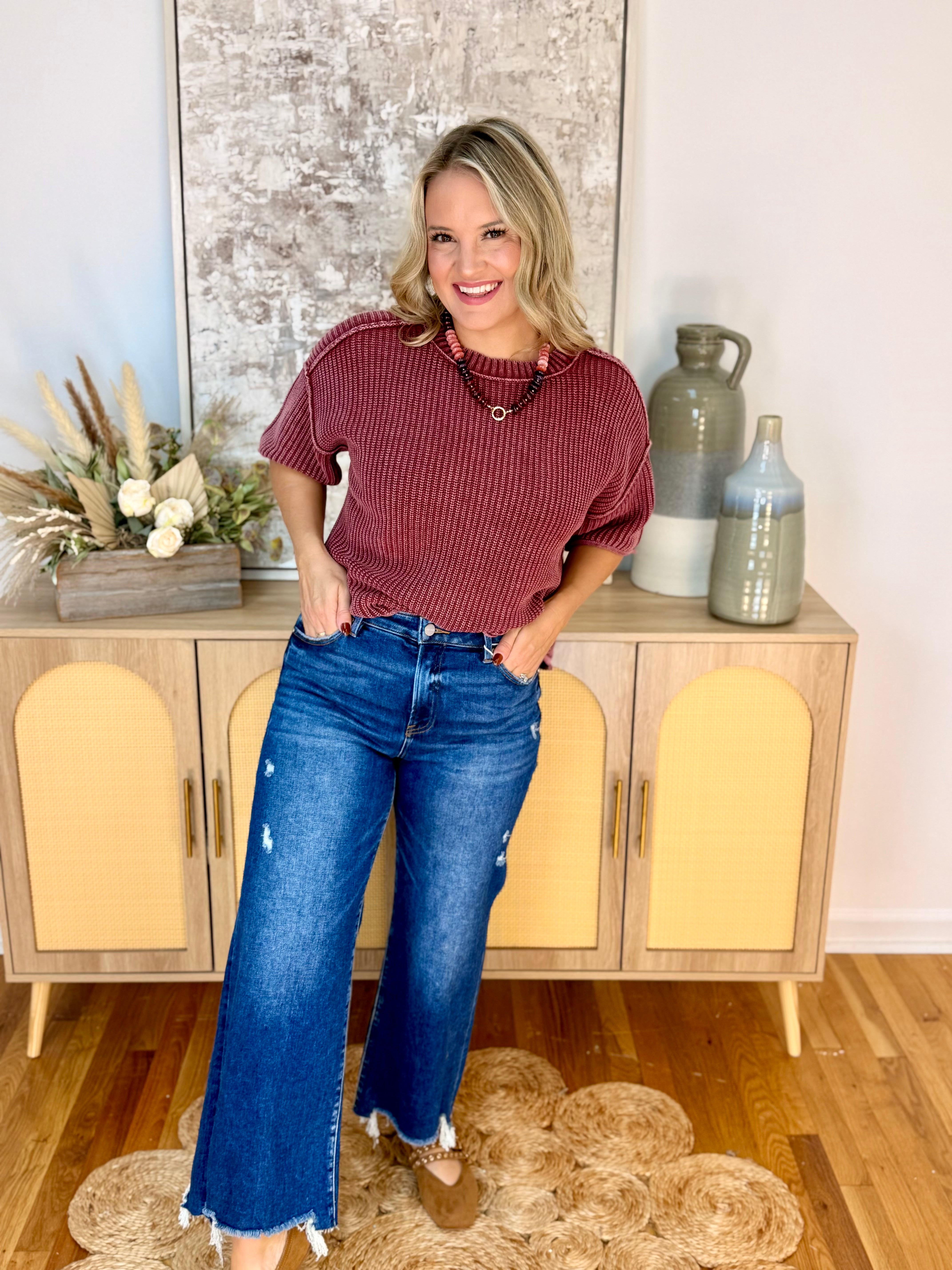 Let's Getaway Short Sleeve Sweater - Burgundy-140 Sweaters-Blu Pepper-The Lovely Closet, Women's Fashion Boutique in Alexandria, KY