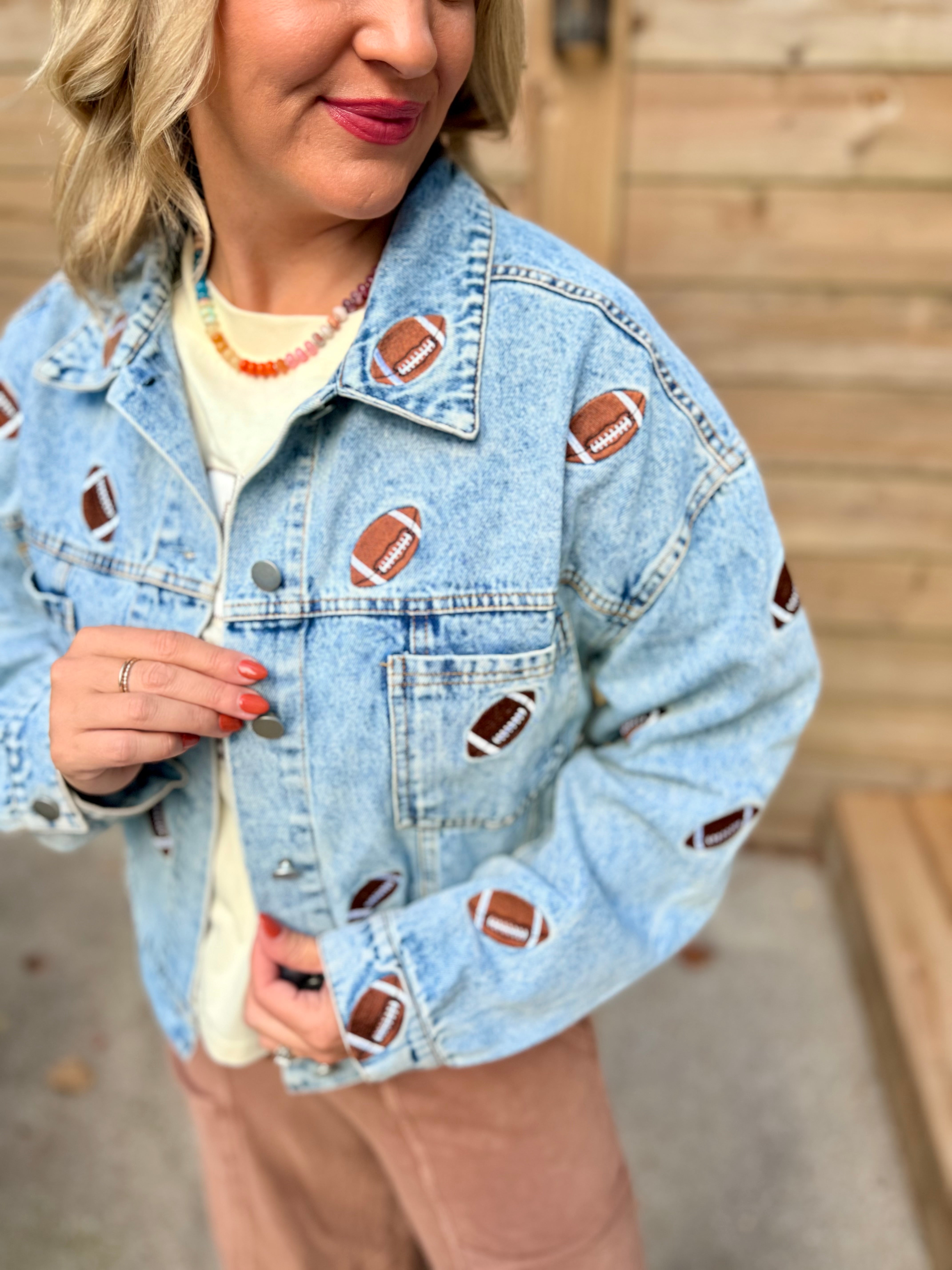 Football Fanatic Embroidered Denim Jacket-170 Jackets/Outerwear-The Lovely Closet-The Lovely Closet, Women's Fashion Boutique in Alexandria, KY