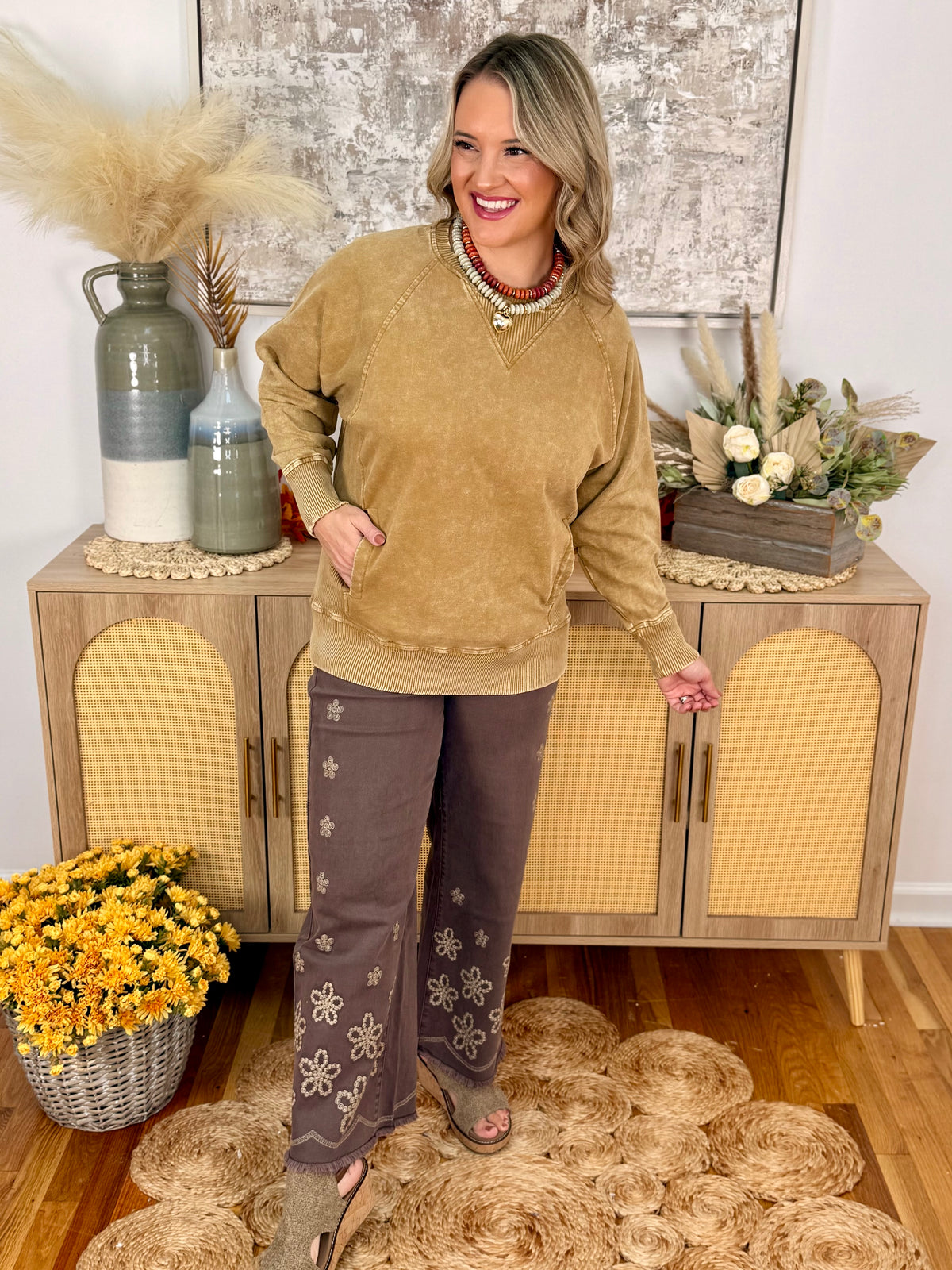 Run Around Acid Wash Pullover - Camel-150 Sweatshirts-The Lovely Closet-The Lovely Closet, Women's Fashion Boutique in Alexandria, KY