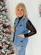Scalloped Denim Vest with Bow Embellishments-170 Jackets/Outerwear-ODDI-The Lovely Closet, Women's Fashion Boutique in Alexandria, KY