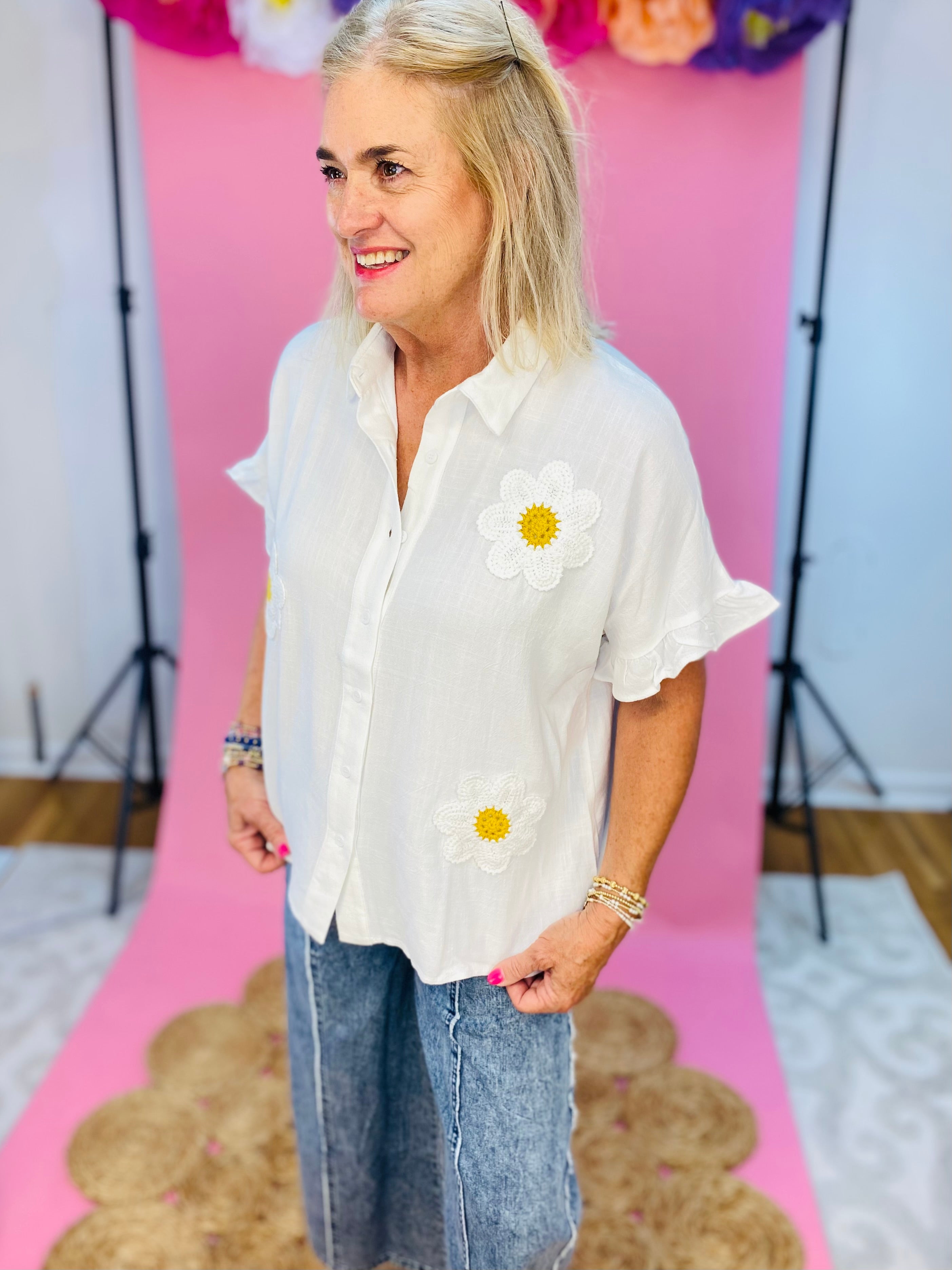 Floral Crochet Linen Blend Top-100 Short Sleeve Tops-Anniewear-The Lovely Closet, Women's Fashion Boutique in Alexandria, KY