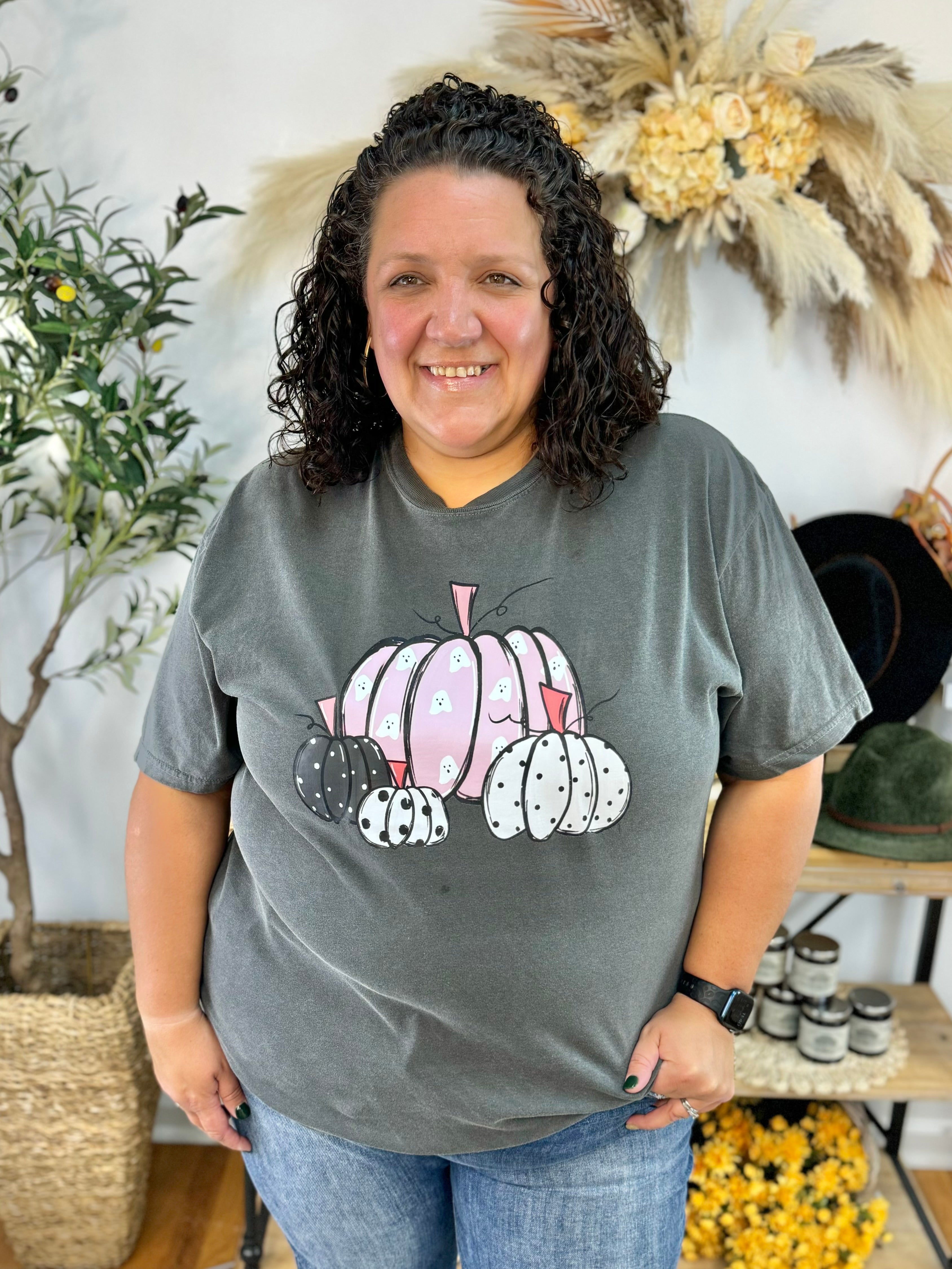 Polka Dot Pumpkins & Ghosts Graphic T-Shirt-130 Graphics-The Lovely Closet-The Lovely Closet, Women's Fashion Boutique in Alexandria, KY