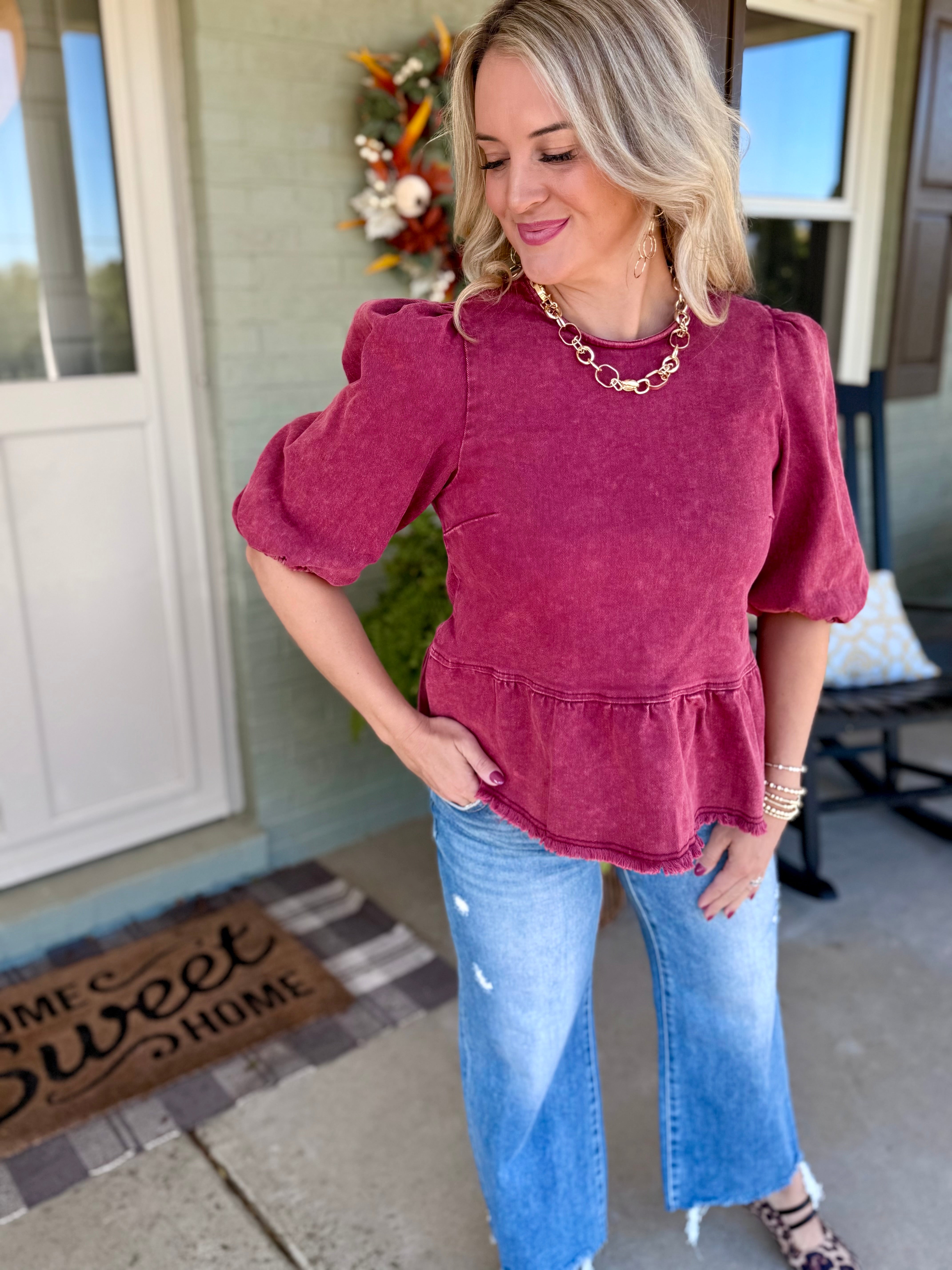 Cider & Cinnamon Washed Denim Top - Garnet-100 Short Sleeve Tops-Anniewear-The Lovely Closet, Women's Fashion Boutique in Alexandria, KY