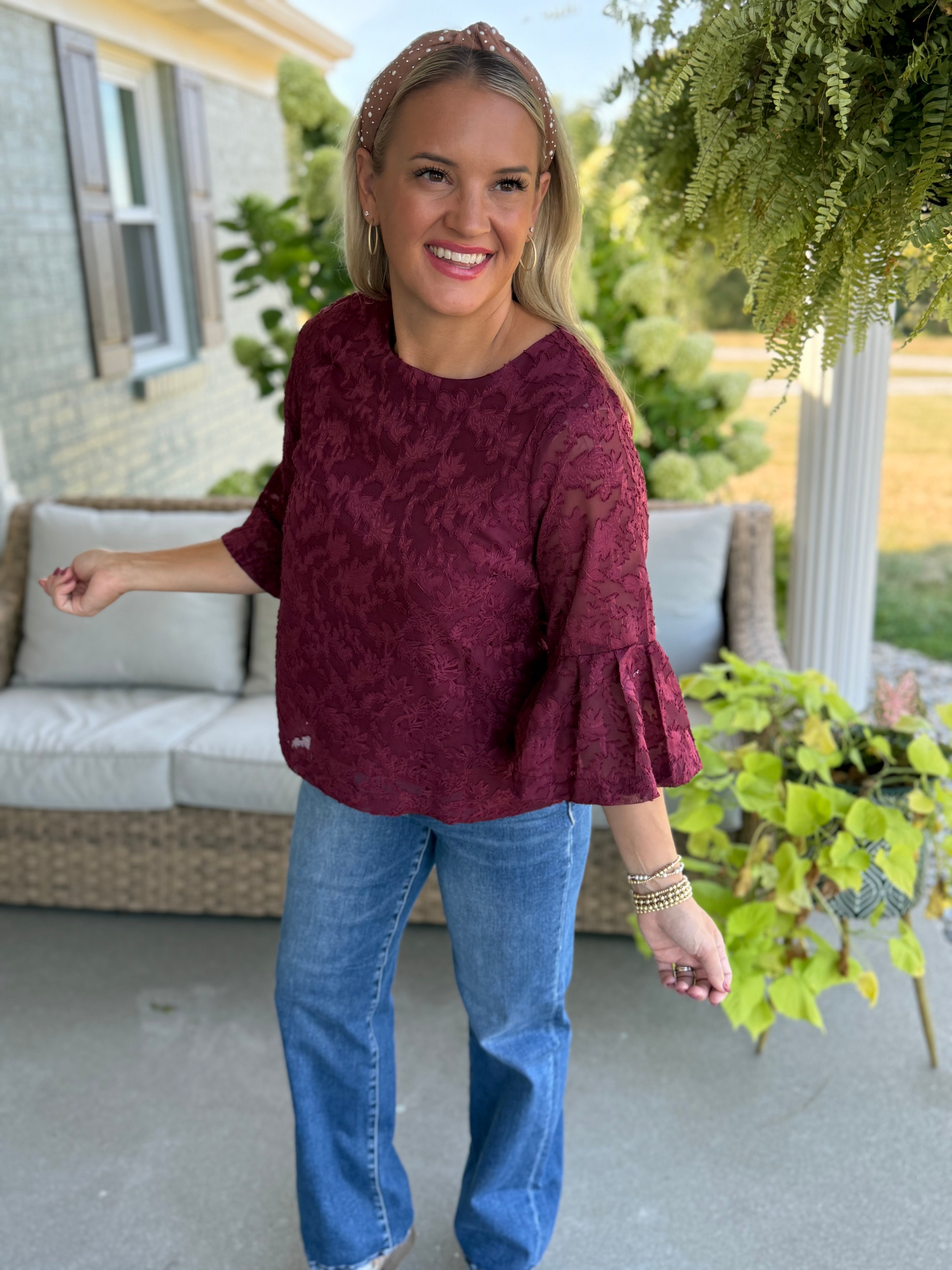 FINAL SALE- September Stroll Jacquard Bell Sleeve Chiffon Blouse-100 Short Sleeve Tops-Anniewear-The Lovely Closet, Women's Fashion Boutique in Alexandria, KY