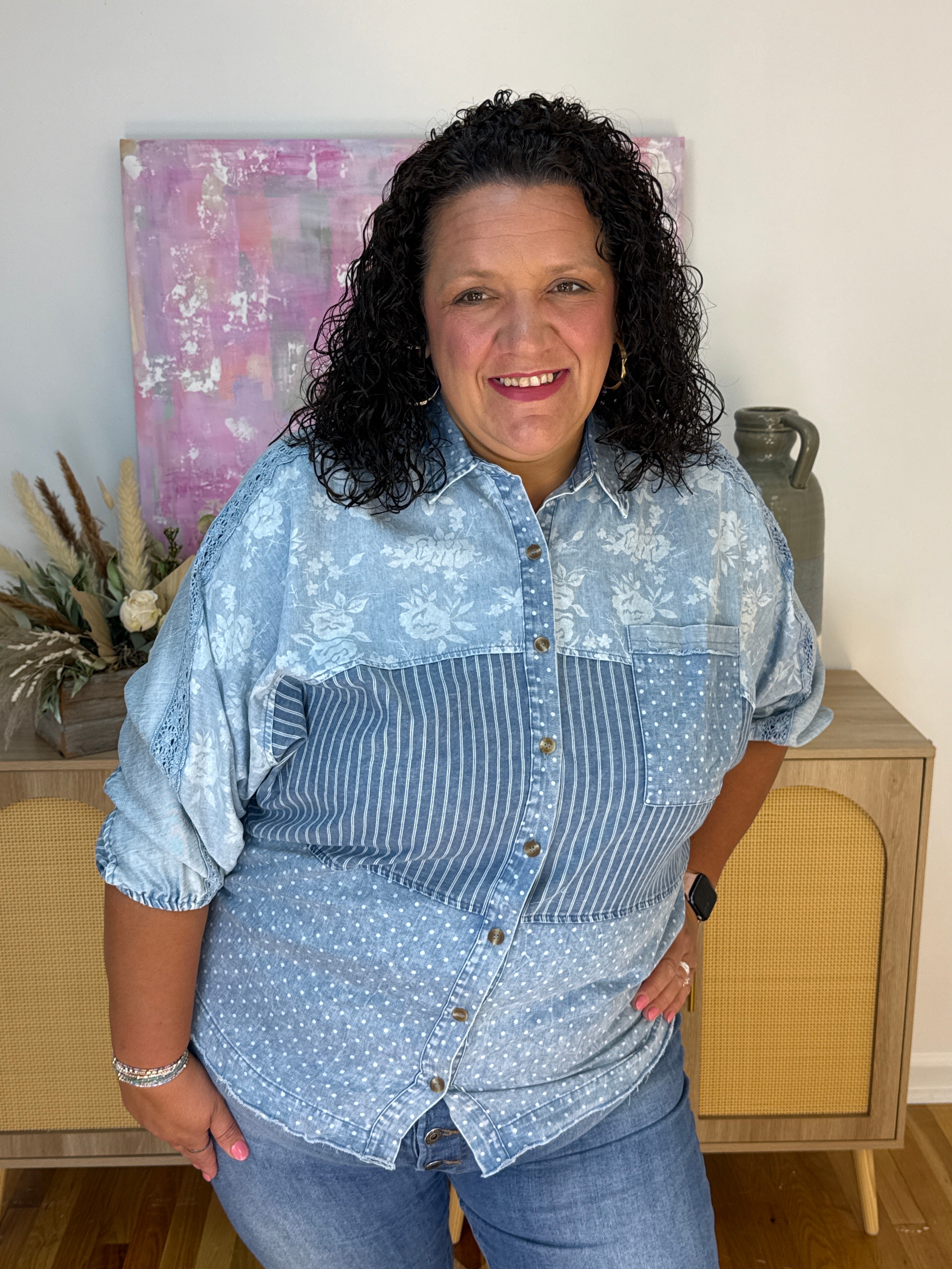 Running Late Chambray Denim Top-110 Long Sleeve Top-easel-The Lovely Closet, Women's Fashion Boutique in Alexandria, KY