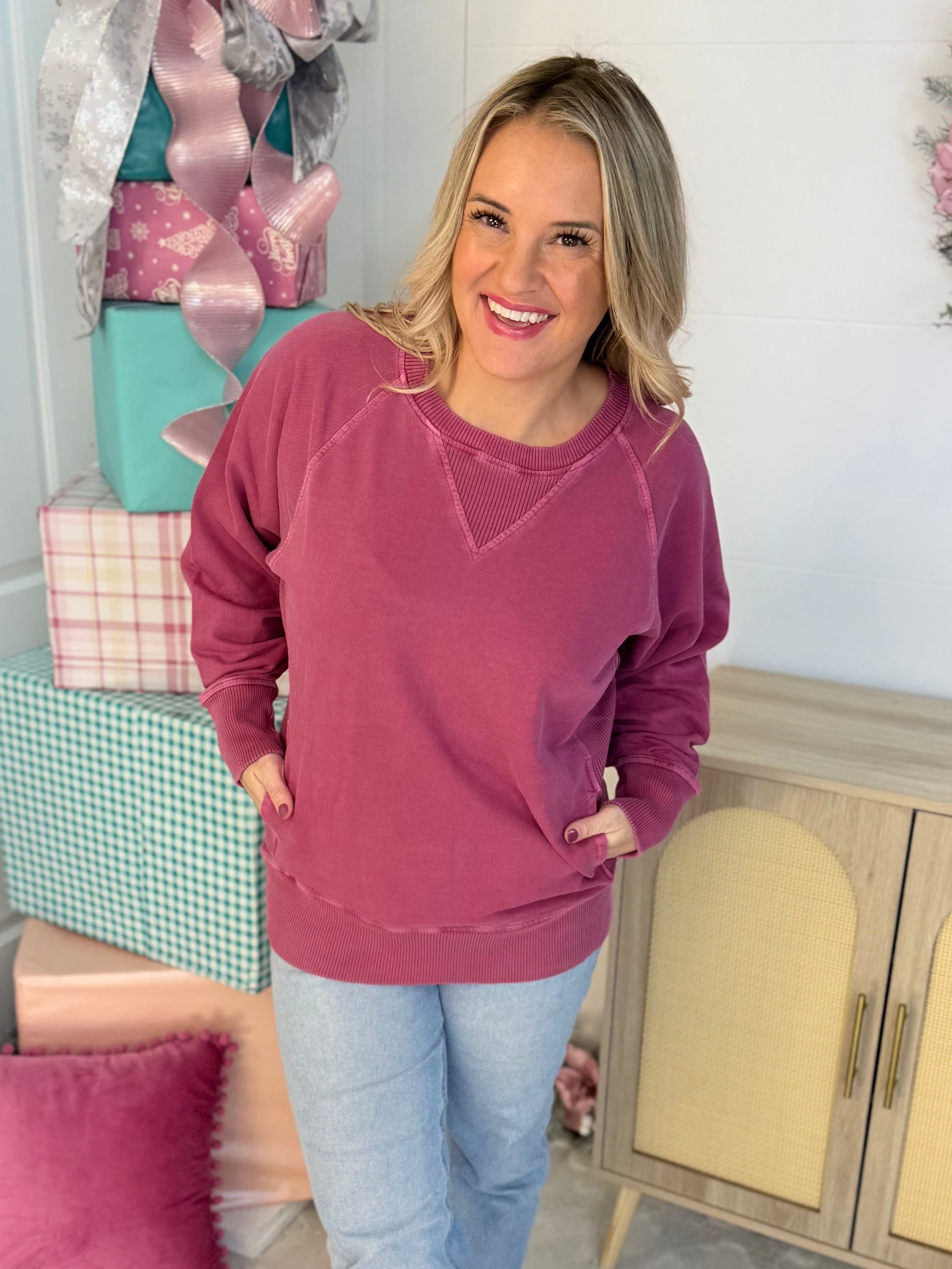Keeping it Casual Pullover 2025 - Wine-150 Sweatshirts-zenana-The Lovely Closet, Women's Fashion Boutique in Alexandria, KY