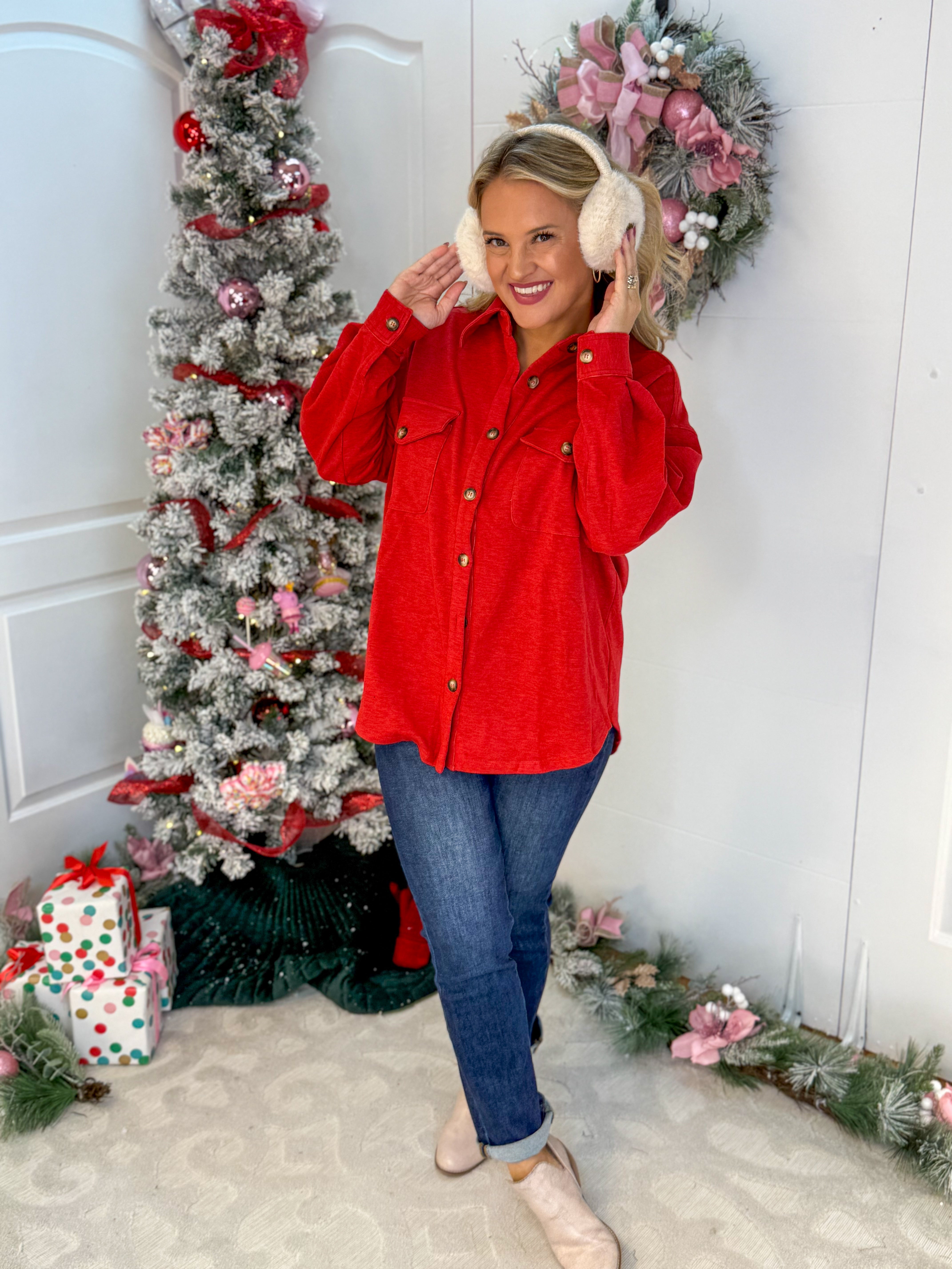 Cozy Season Button Down Shacket - Red-170 Jackets/Outerwear-White Birch-The Lovely Closet, Women's Fashion Boutique in Alexandria, KY