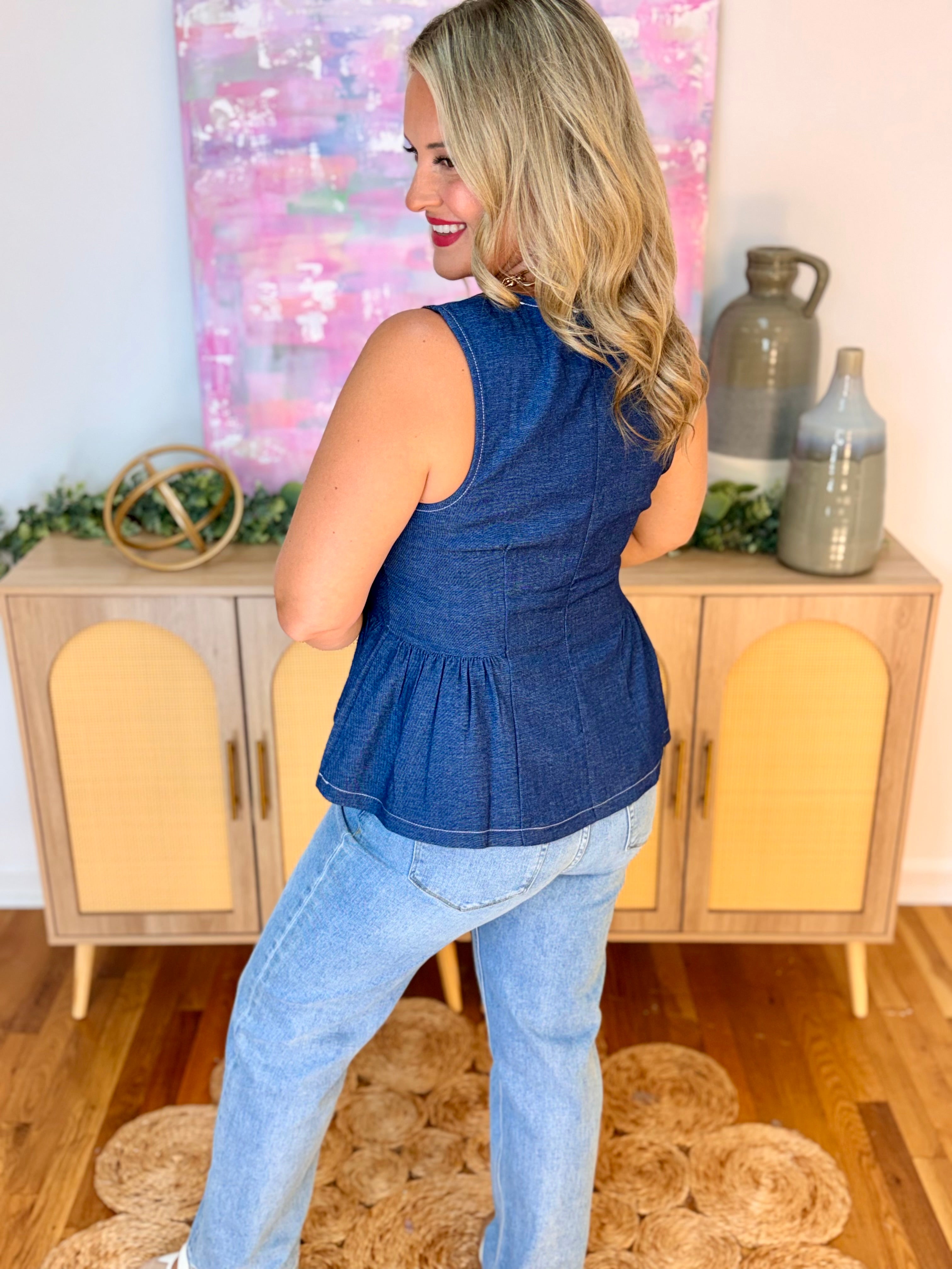 Darling Days Peplum Top - Denim Blue-120 Sleeveless Tops-She + Sky-The Lovely Closet, Women's Fashion Boutique in Alexandria, KY