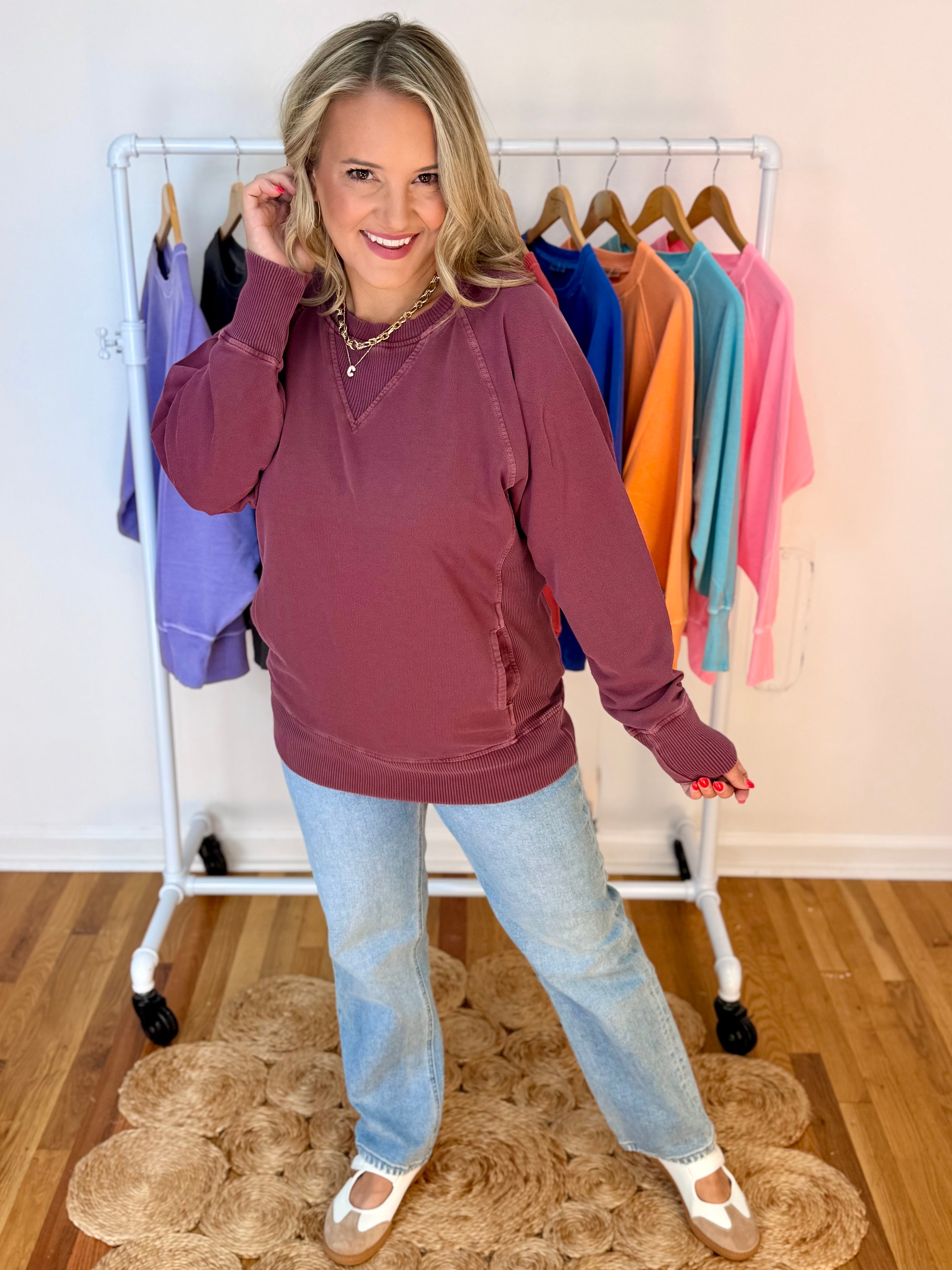 Keeping it Casual Pullover 2026 - Egg Plant-150 Sweatshirts-zenana-The Lovely Closet, Women's Fashion Boutique in Alexandria, KY