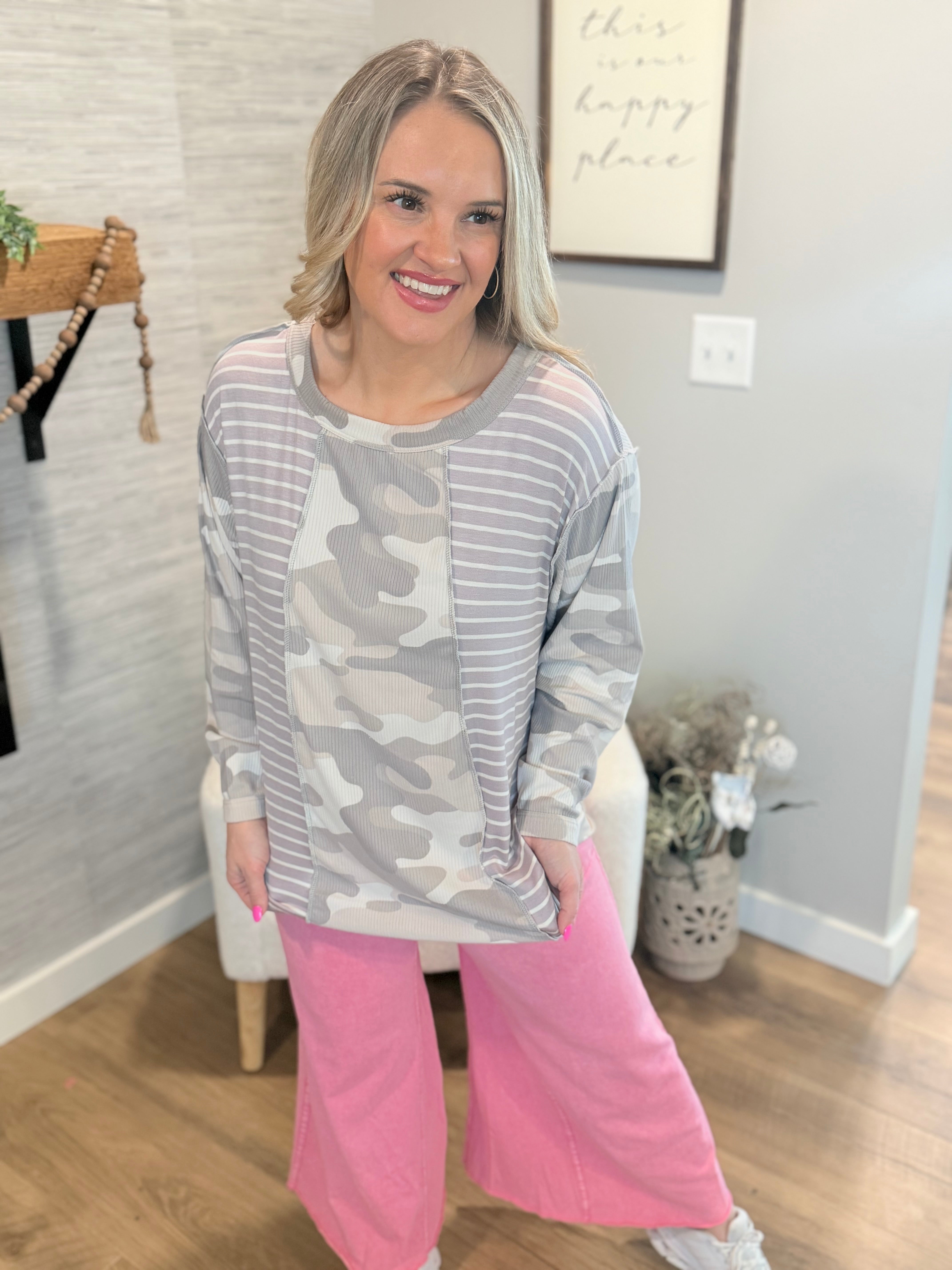 Camo and Stripe Top-110 Long Sleeve Top-bibi-The Lovely Closet, Women's Fashion Boutique in Alexandria, KY