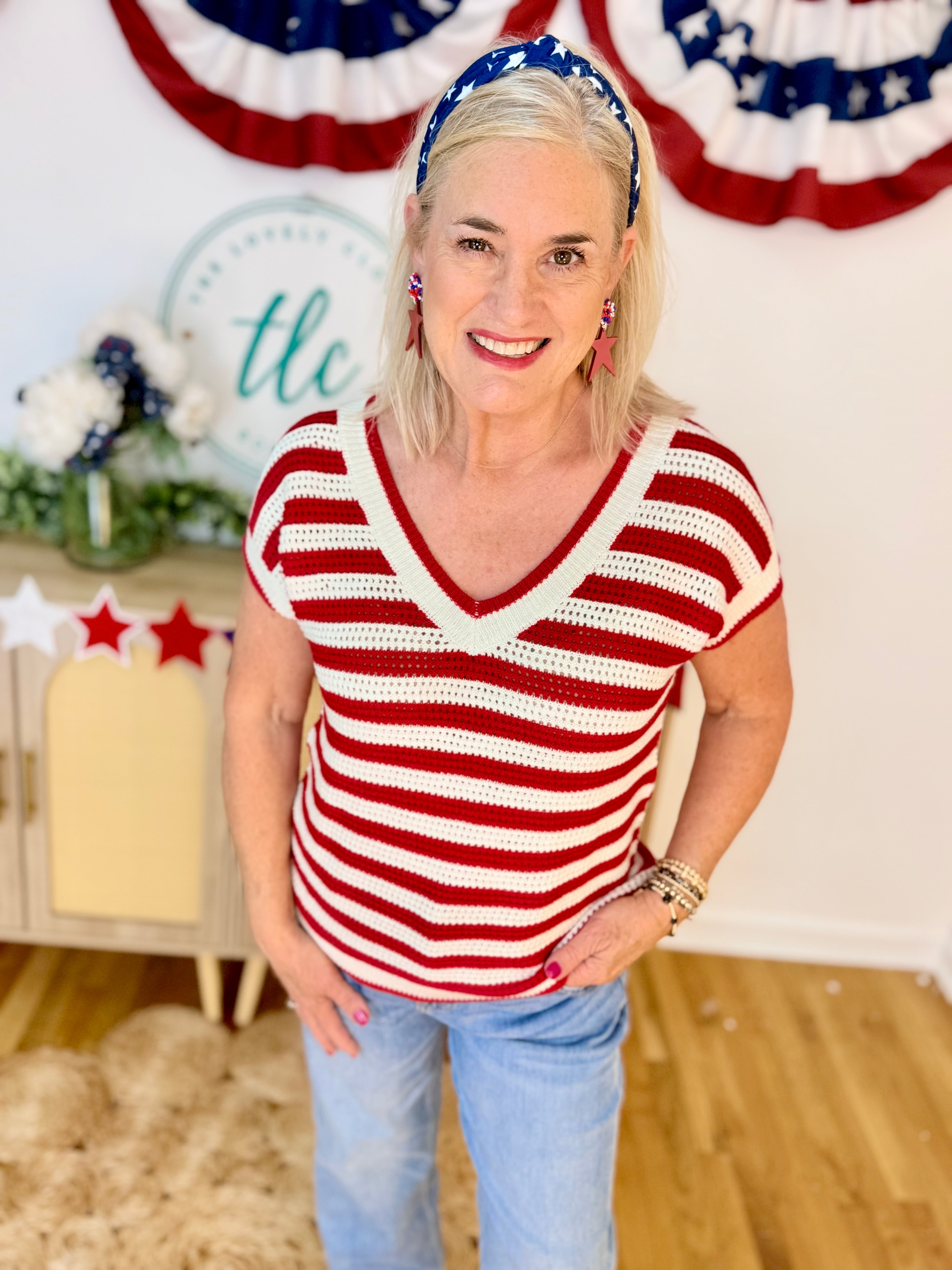 Red and White Knit Sweater Top-100 Short Sleeve Tops-Blu Pepper-The Lovely Closet, Women's Fashion Boutique in Alexandria, KY