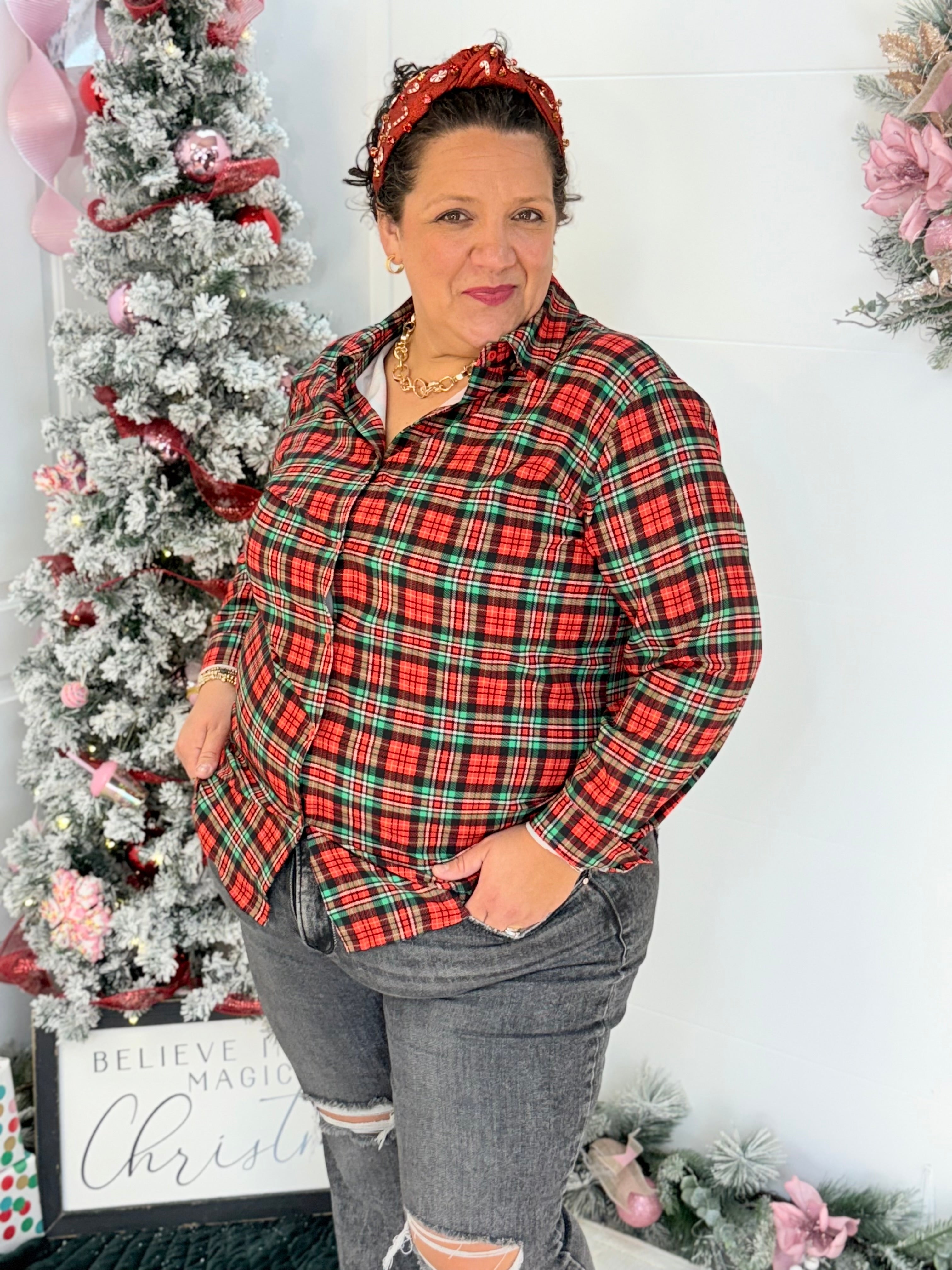 Jess Lea - Nina Button Up Tunic - Christmas Plaid-110 Long Sleeve Top-Jess Lea-The Lovely Closet, Women's Fashion Boutique in Alexandria, KY