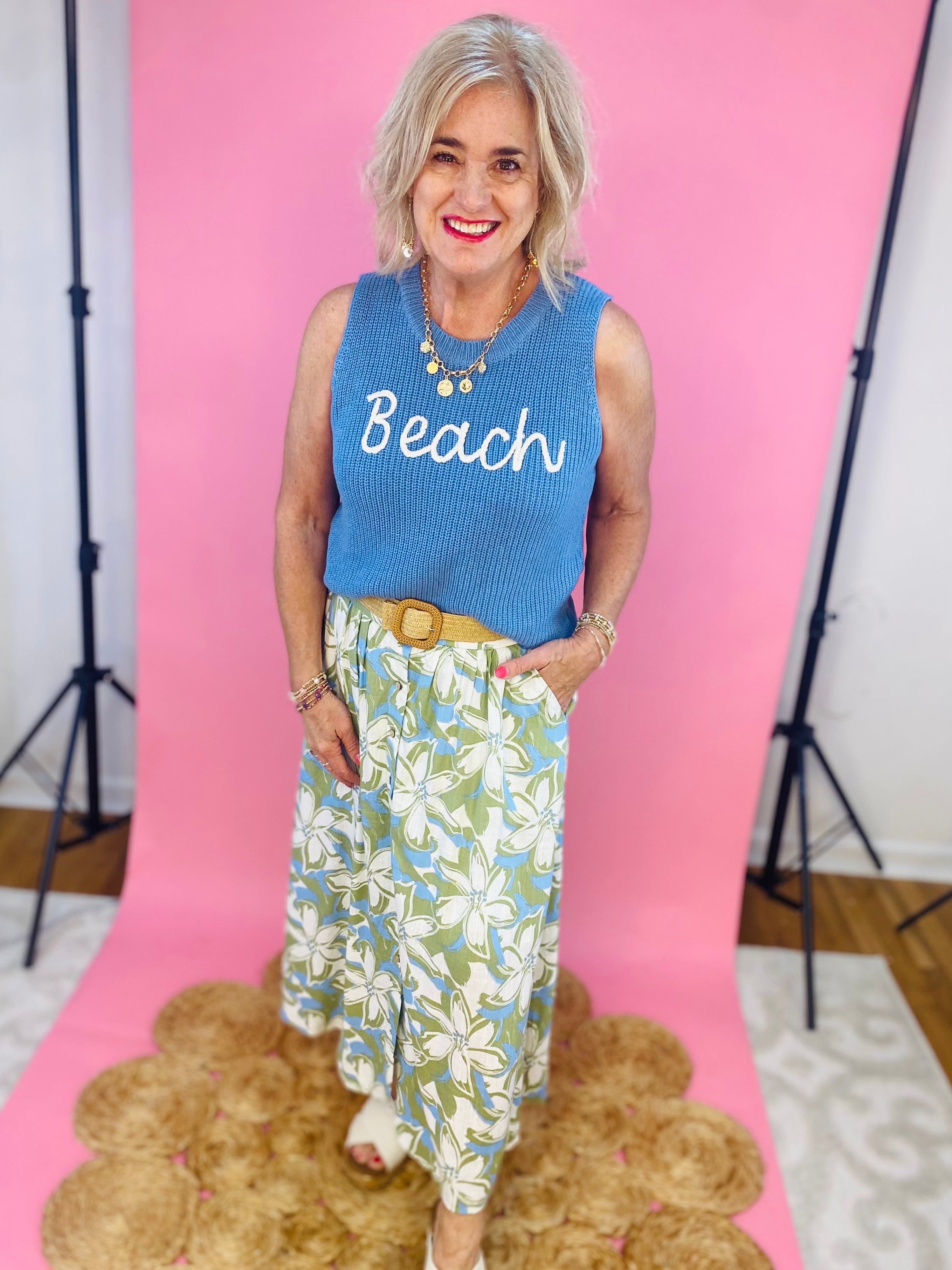 To The Beach! Tank - Blue-120 Sleeveless Tops-Doe and Rae-The Lovely Closet, Women's Fashion Boutique in Alexandria, KY