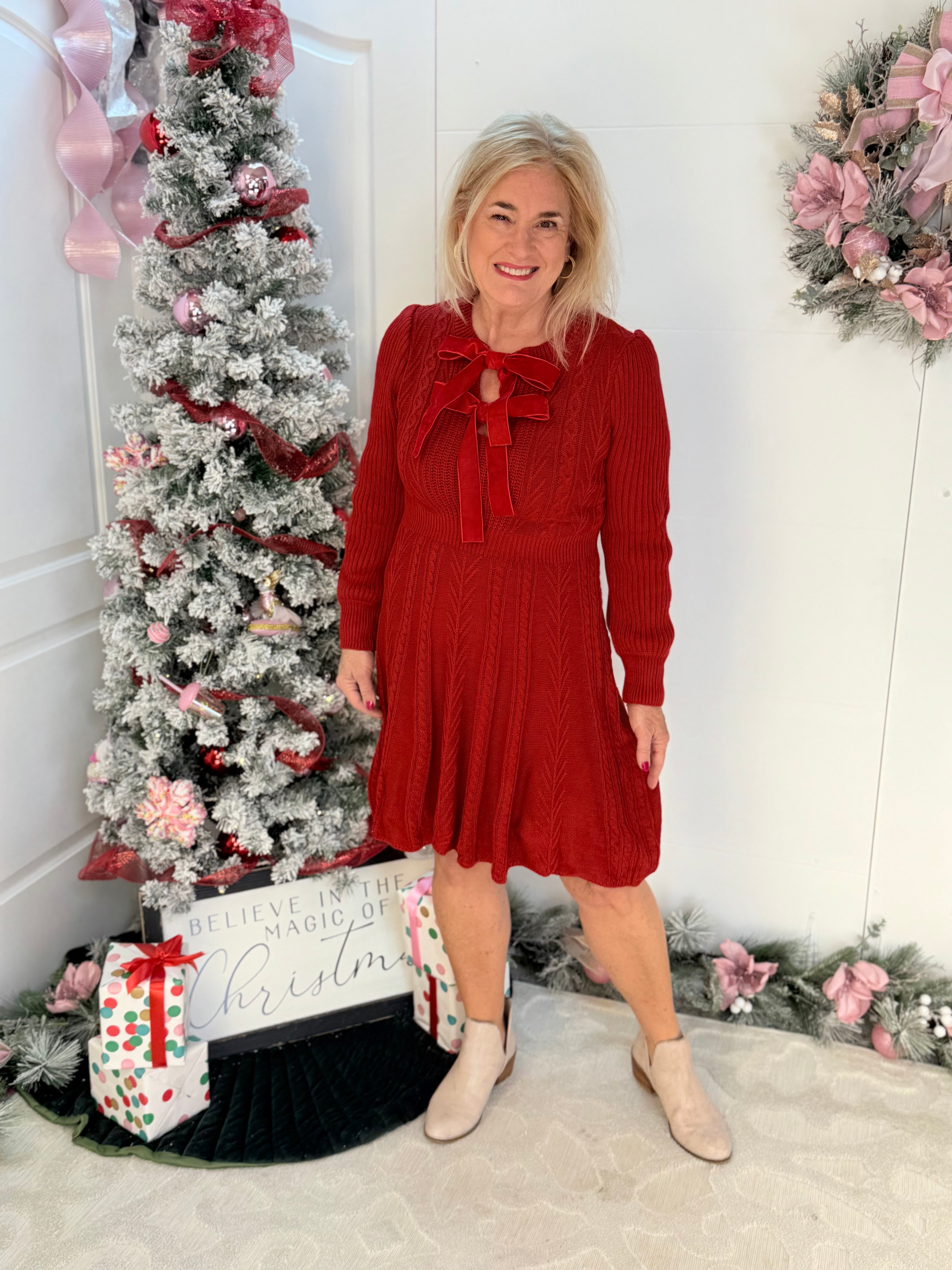 FINAL SALE - Christmas Velvet Bow Cable Sweater Dress-110 Long Sleeve Top-Bibi-The Lovely Closet, Women's Fashion Boutique in Alexandria, KY