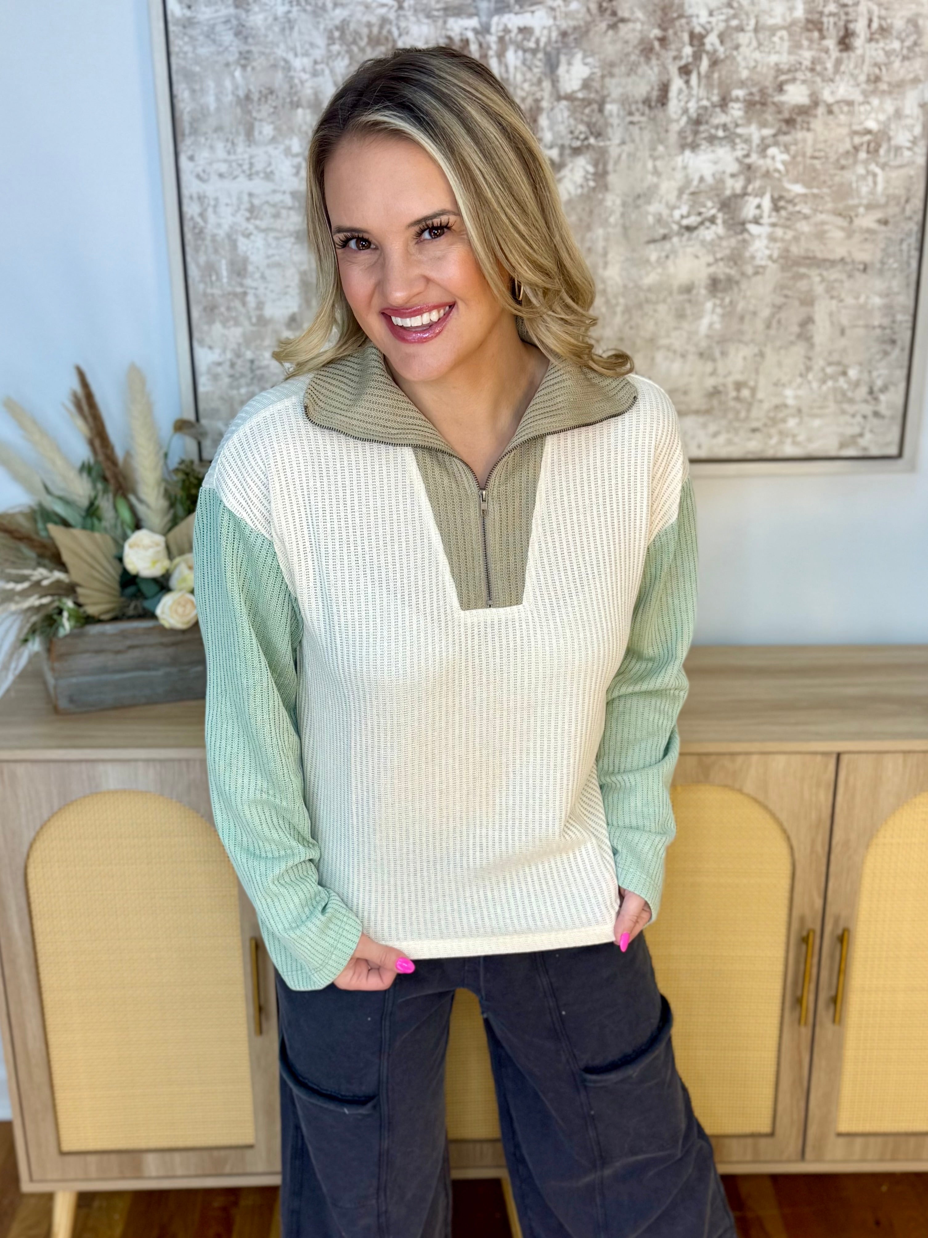 Happy to See You 1/4 Zip Pullover-110 Long Sleeve Top-Doe and Rae-The Lovely Closet, Women's Fashion Boutique in Alexandria, KY