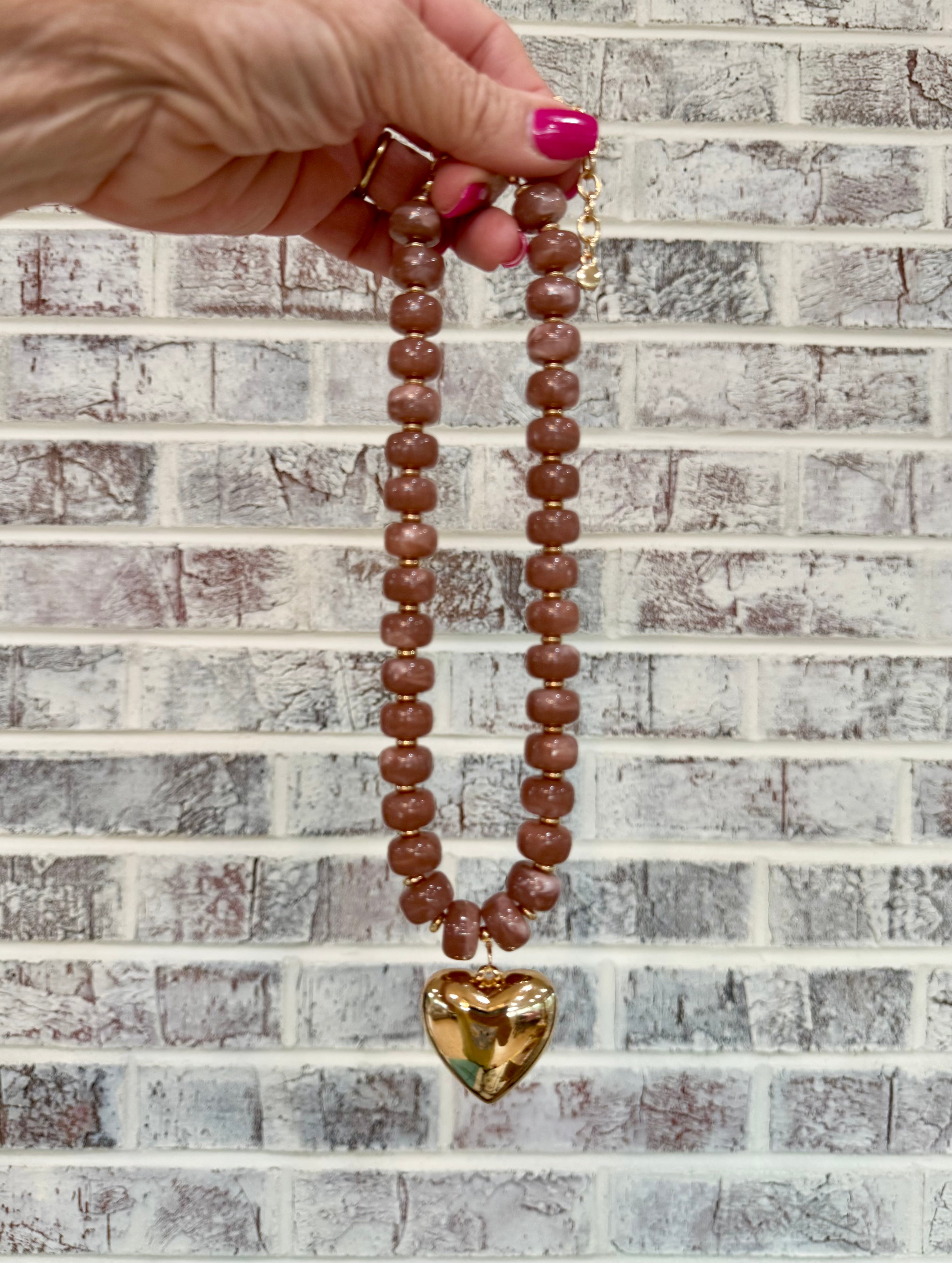 Mauve Candy Bead w/Heart Charm Necklace-280 Accessories-Golden Stella-The Lovely Closet, Women's Fashion Boutique in Alexandria, KY