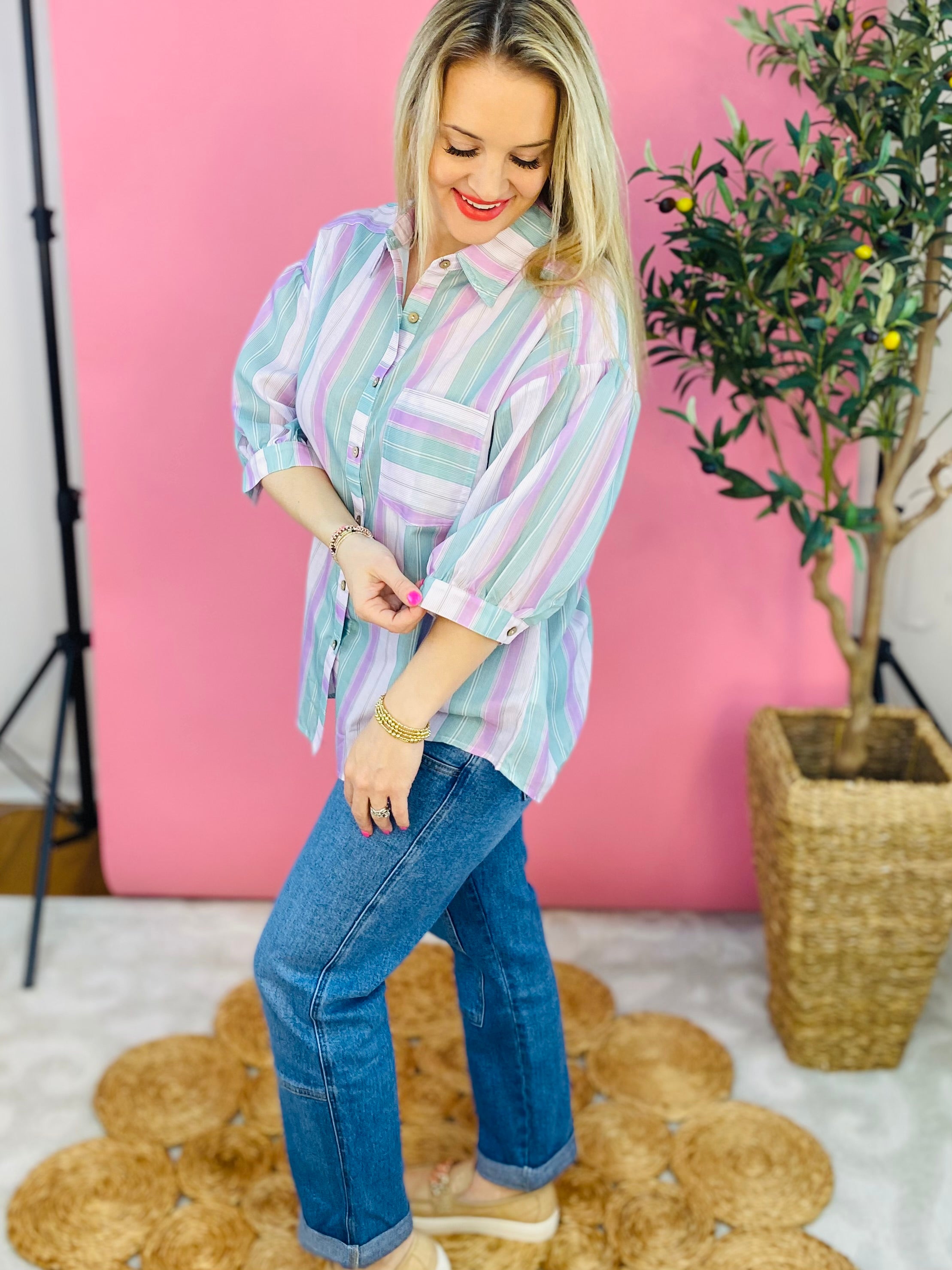 Pastel Pinstripes Button Down-100 Short Sleeve Tops-easel-The Lovely Closet, Women's Fashion Boutique in Alexandria, KY