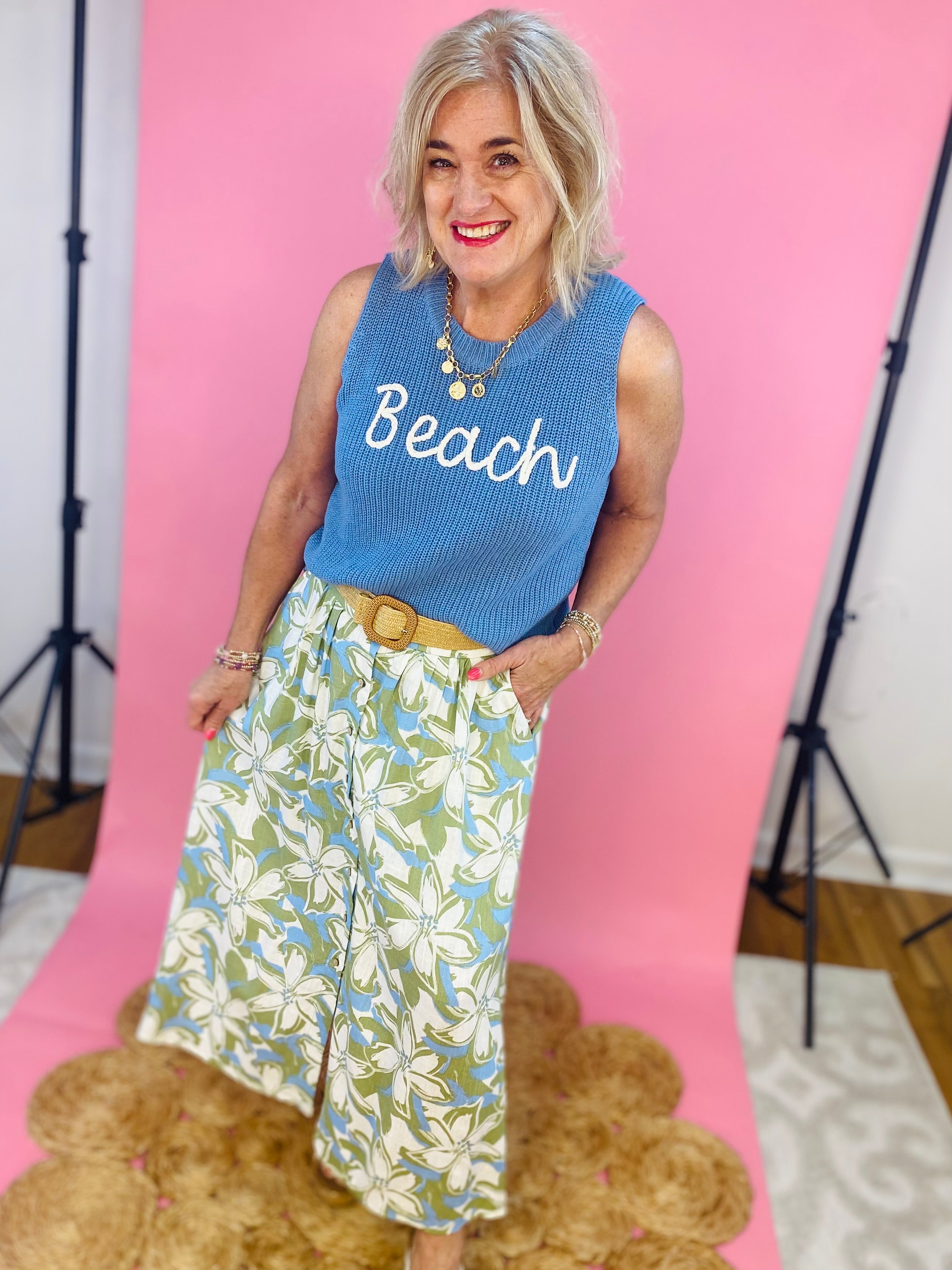 To The Beach! Tank - Blue-120 Sleeveless Tops-Doe and Rae-The Lovely Closet, Women's Fashion Boutique in Alexandria, KY