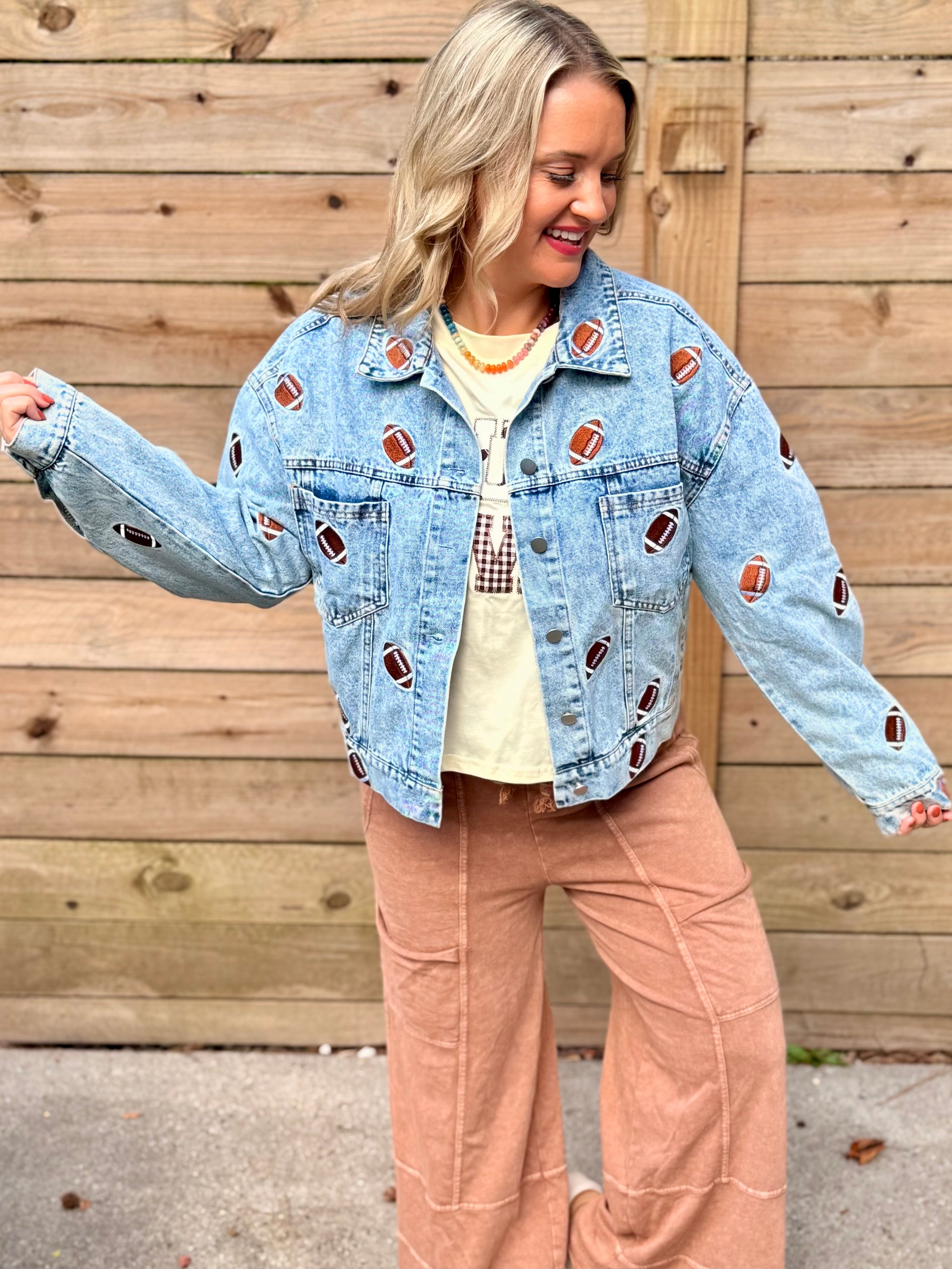 Football Fanatic Embroidered Denim Jacket-170 Jackets/Outerwear-The Lovely Closet-The Lovely Closet, Women's Fashion Boutique in Alexandria, KY