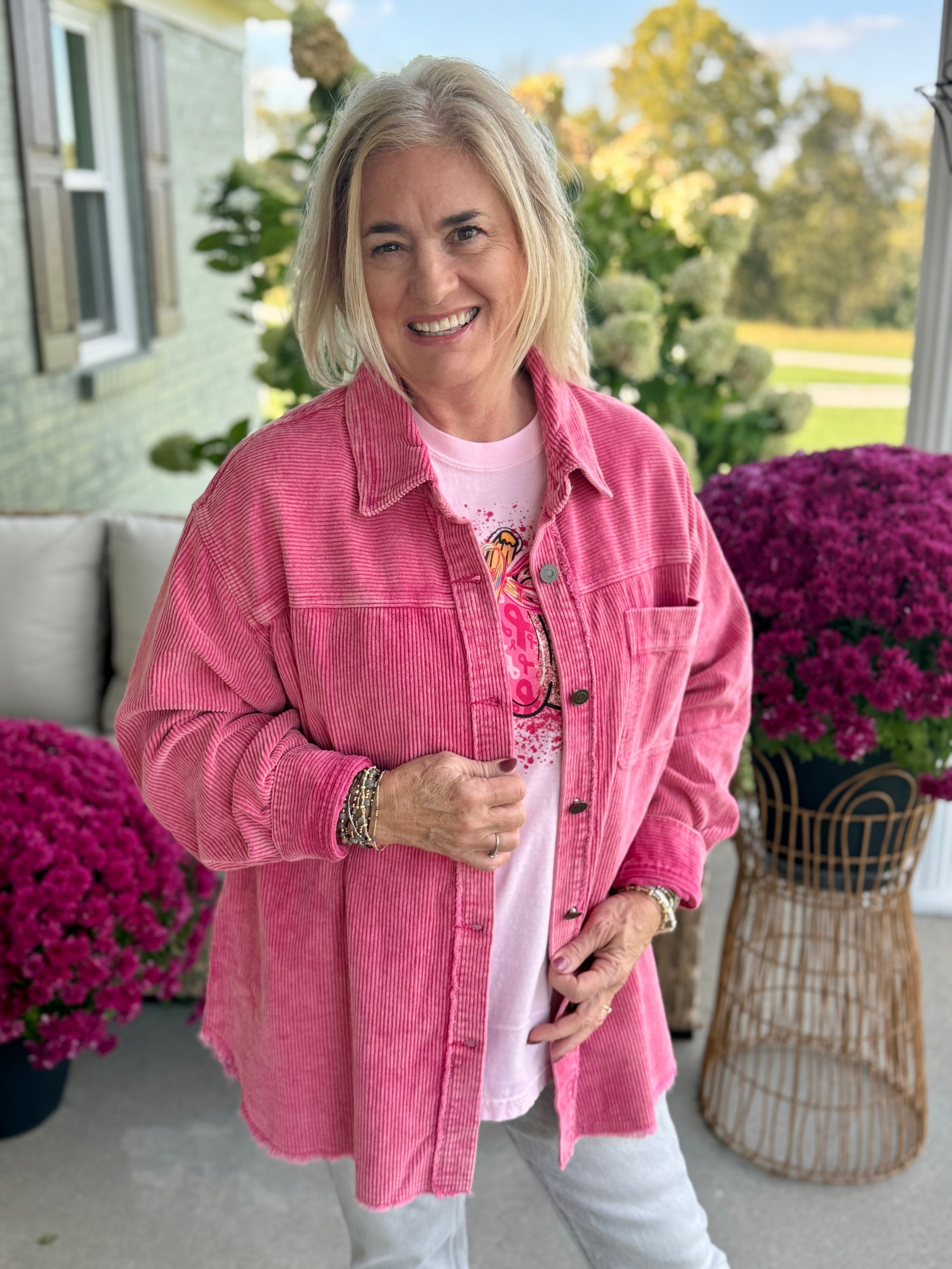 FINAL SALE - Courage in Corduroy Pink Shacket-170 Jackets/Outerwear-Donation Pink-The Lovely Closet, Women's Fashion Boutique in Alexandria, KY