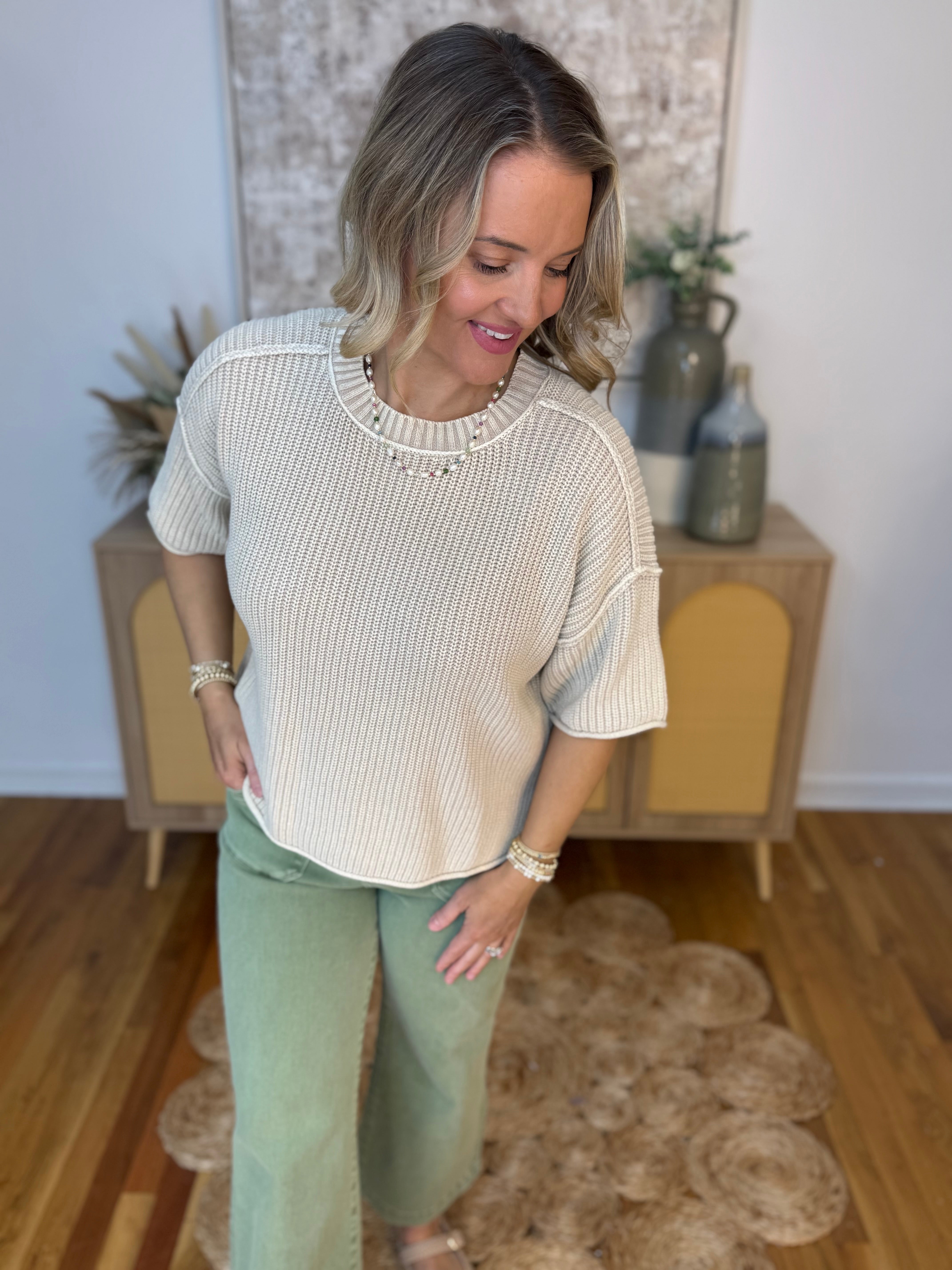 Let's Getaway Short Sleeve Sweater - Sand-100 Short Sleeve Tops-Blu Pepper-The Lovely Closet, Women's Fashion Boutique in Alexandria, KY