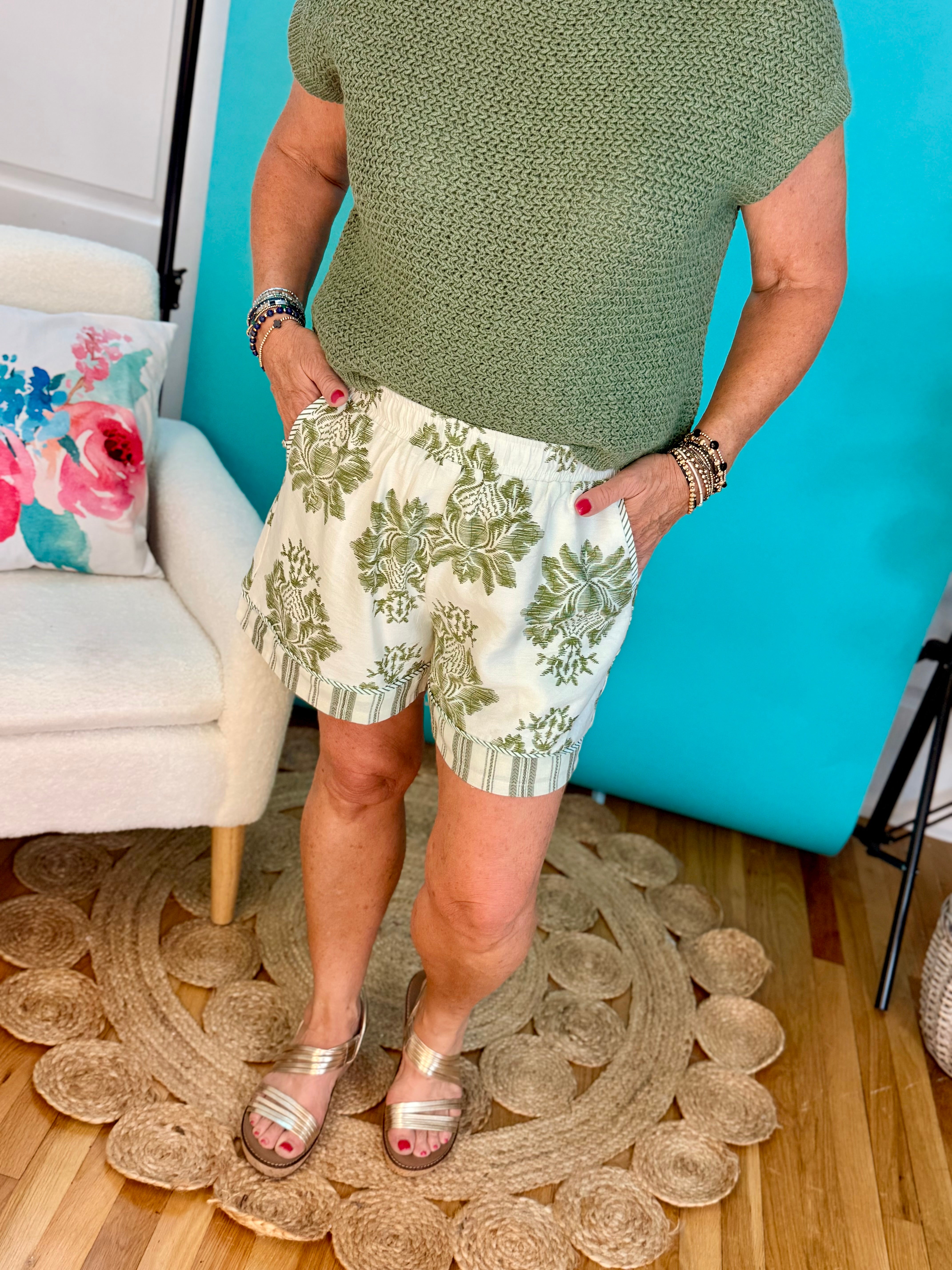 Olive Printed Shorts-230 Skirts/Shorts-Doe and Rae-The Lovely Closet, Women's Fashion Boutique in Alexandria, KY