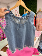 Denim Embroidered Sleeveless Top-120 Sleeveless Tops-Anniewear-The Lovely Closet, Women's Fashion Boutique in Alexandria, KY